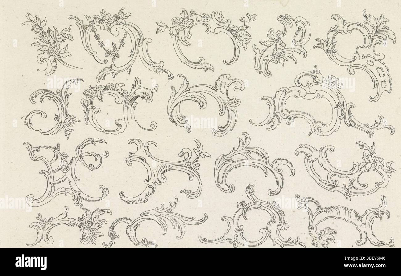 Augsbourg, Hertel, Johann Georg (I), Habermann, Franz Xaver, Rocailles, Augsburg, verso - estampillé, dessins au trait d'ornements de rocaille. Numéro d'éditeur 15., impression, impressions ornementales, impressions, hauteur 206 mm, largeur 309 mm, graveur, 1731 - 1775, papier, gravure, allemand, 1721 - 1796, dessinateur intermédiaire, par dessin, publication (événement), publication, 1695 - 1775, éditeur Banque D'Images