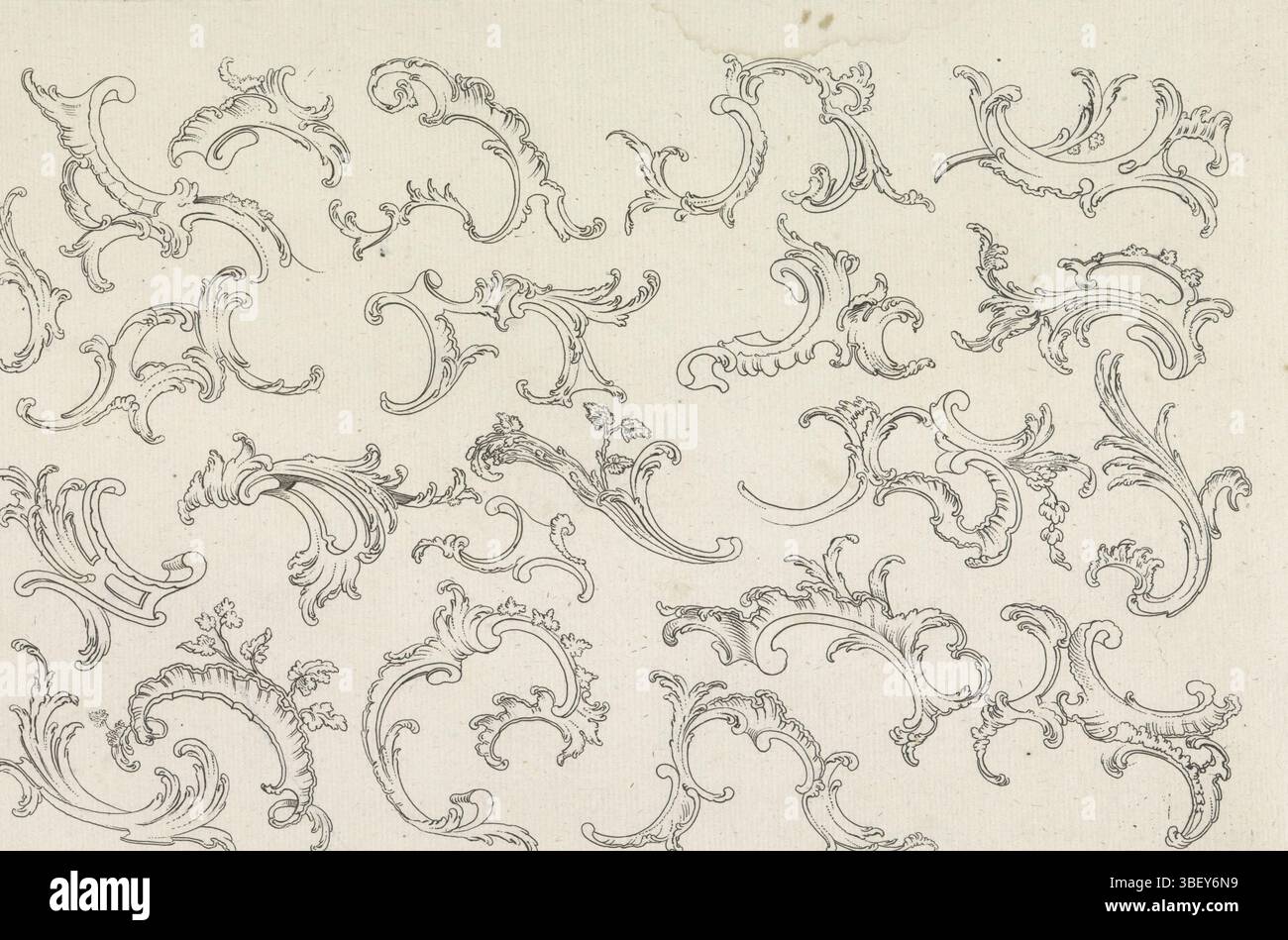 Augsbourg, Hertel, Johann Georg (I), Habermann, Franz Xaver, Rocailles, Augsburg, verso - estampillé, dessins au trait d'ornements de rocaille. Numéro d'éditeur 15., impression, impressions ornementales, impressions, hauteur 203 mm, largeur 307 mm, graveur, 1731 - 1775, papier, gravure, allemand, 1721 - 1796, dessinateur intermédiaire, par dessin, publication (événement), publication, 1695 - 1775, éditeur Banque D'Images