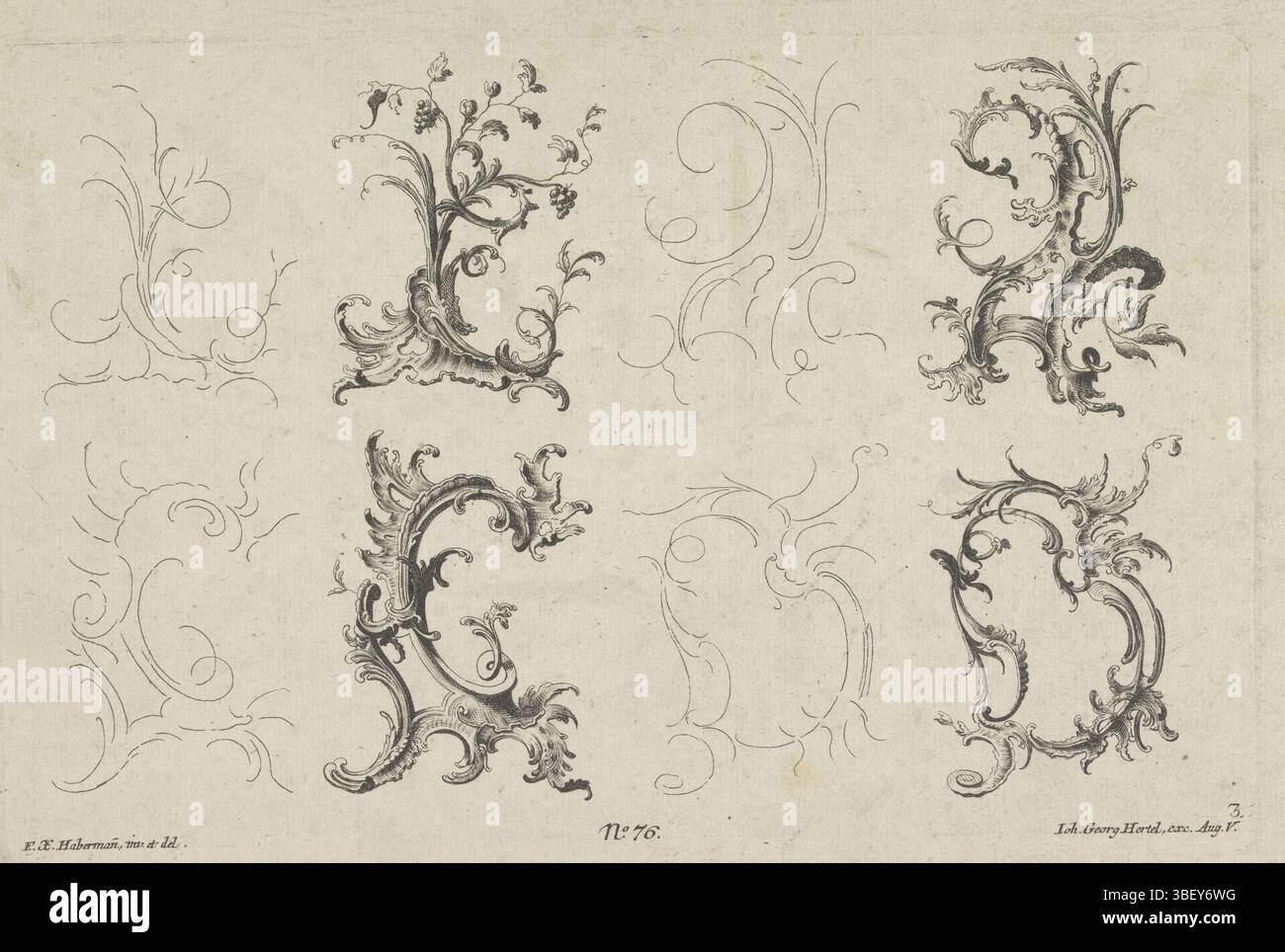Augsbourg, Hertel, Johann Georg (I), Habermann, Franz Xaver, Rocailles, Augsburg, verso - estampillé, quatre ornements Rocaille avec des dessins de ligne. Numéro d'édition 76., impression, impressions ornementales, impressions, hauteur 197 mm, largeur 301 mm, graveur, 1731 - 1775, papier, gravure, conception de travail, allemand, 1721 - 1796, après conception par, publication (événement), publication, 1695 - 1775, éditeur Banque D'Images