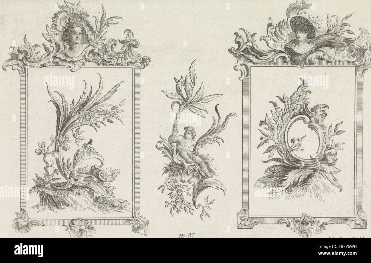 Augsbourg, Hertel, Johann Georg (I), Habermann, Franz Xaver, ornements des Fenêtres, Fenster Außzierungen, Vensterornamenten, Vensterornaten met putto en palmboom, Augsburg, verso - estampillé, deux fenêtres en rocaille dans lesquelles des ornements en rocaille. En haut des fenêtres deux faces dans les rocailles. Au milieu un putto avec un palmier sur un ornement de rocaille. Numéro d'édition 87., impression, impressions ornementales, impressions, hauteur 184 mm, largeur 294 mm, graveur, 1731 - 1775, papier, gravure, allemand, 1721 - 1796, dessinateur intermédiaire, par dessin, publication (événement), publication, 1695 - 1775, éditeur Banque D'Images