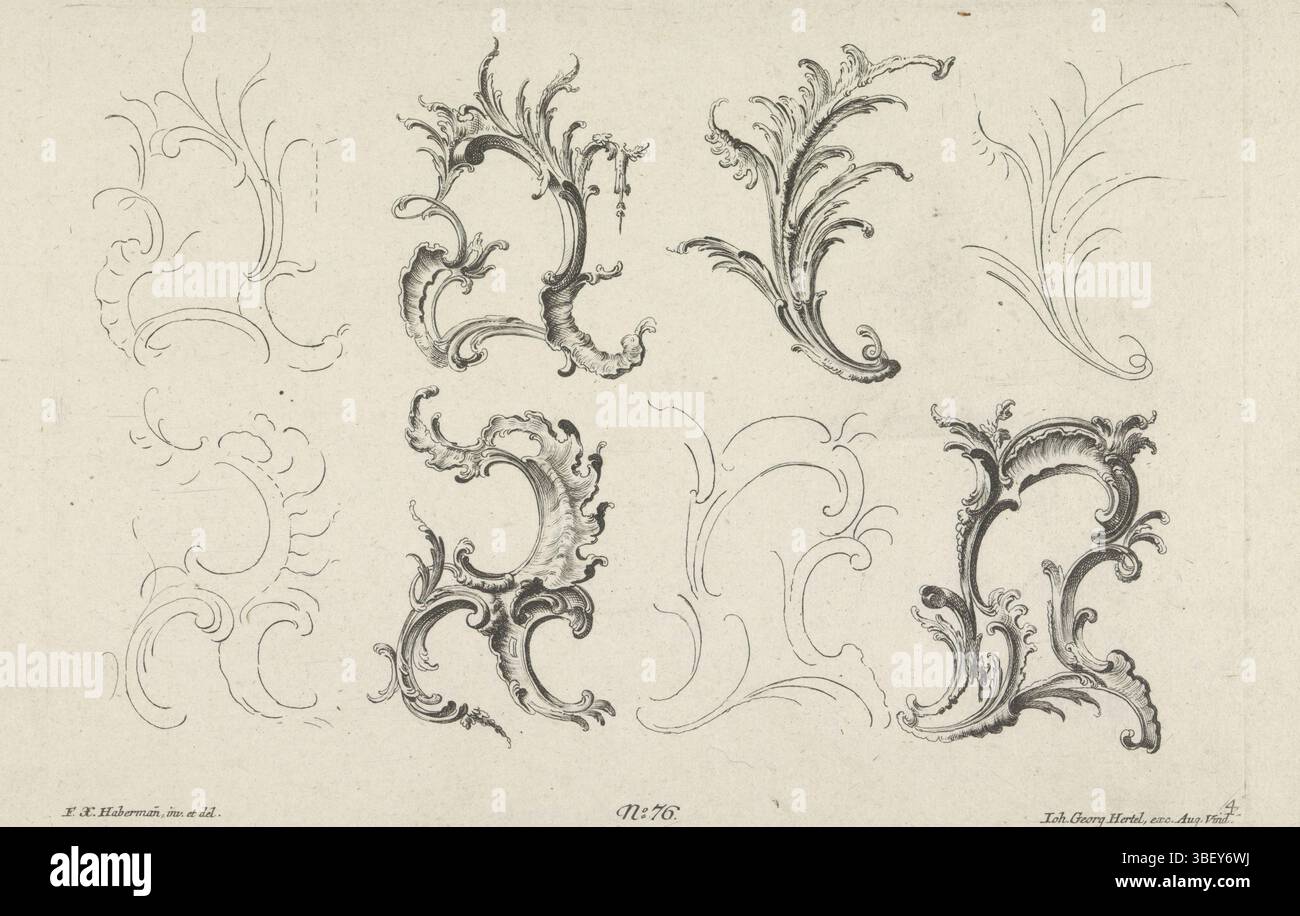 Augsbourg, Hertel, Johann Georg (I), Habermann, Franz Xaver, Rocailles, Augsburg, verso - estampillé, quatre ornements Rocaille avec des dessins de ligne. Numéro d'édition 76., impression, impressions ornementales, impressions, hauteur 207 mm, largeur 296 mm, graveur, 1731 - 1775, papier, gravure, conception de travail, allemand, 1721 - 1796, après conception par, publication (événement), publication, 1695 - 1775, éditeur Banque D'Images