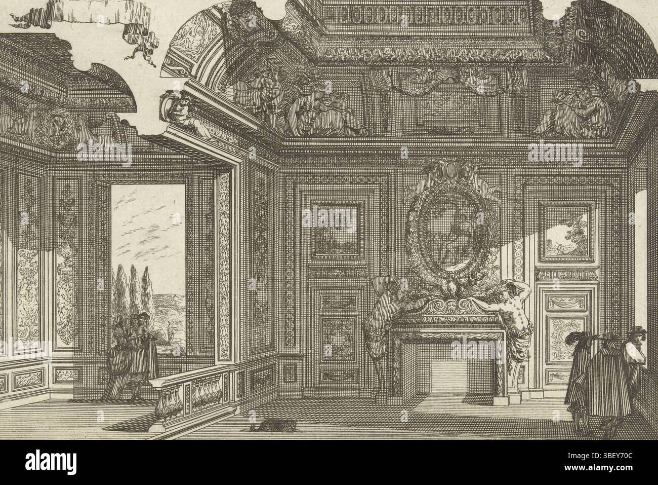 Inconnu, Paris, Leblond, Jean (I), France, Lepautre, Jean, Plafonds modernes, section transversale d'un bâtiment avec chambre et alcôve, inconnu, dans la chambre se trouve un sein inférieur, avec une herme de chaque côté et au-dessus une peinture ovale de Diane. De la série de 12., impression, impressions d'ornement, impressions, hauteur 132 mm, largeur 194 mm, français, 1618-06-28 - 1682-02-02, graveur, 1628 - 1666, deuxième quart du XVIIe siècle, troisième quart du XVIIe siècle, papier, gravure, conception de travail, selon sa propre conception, publication (événement), publication, 1594 - 1666, éditeur, fournisseur de privilèges Banque D'Images