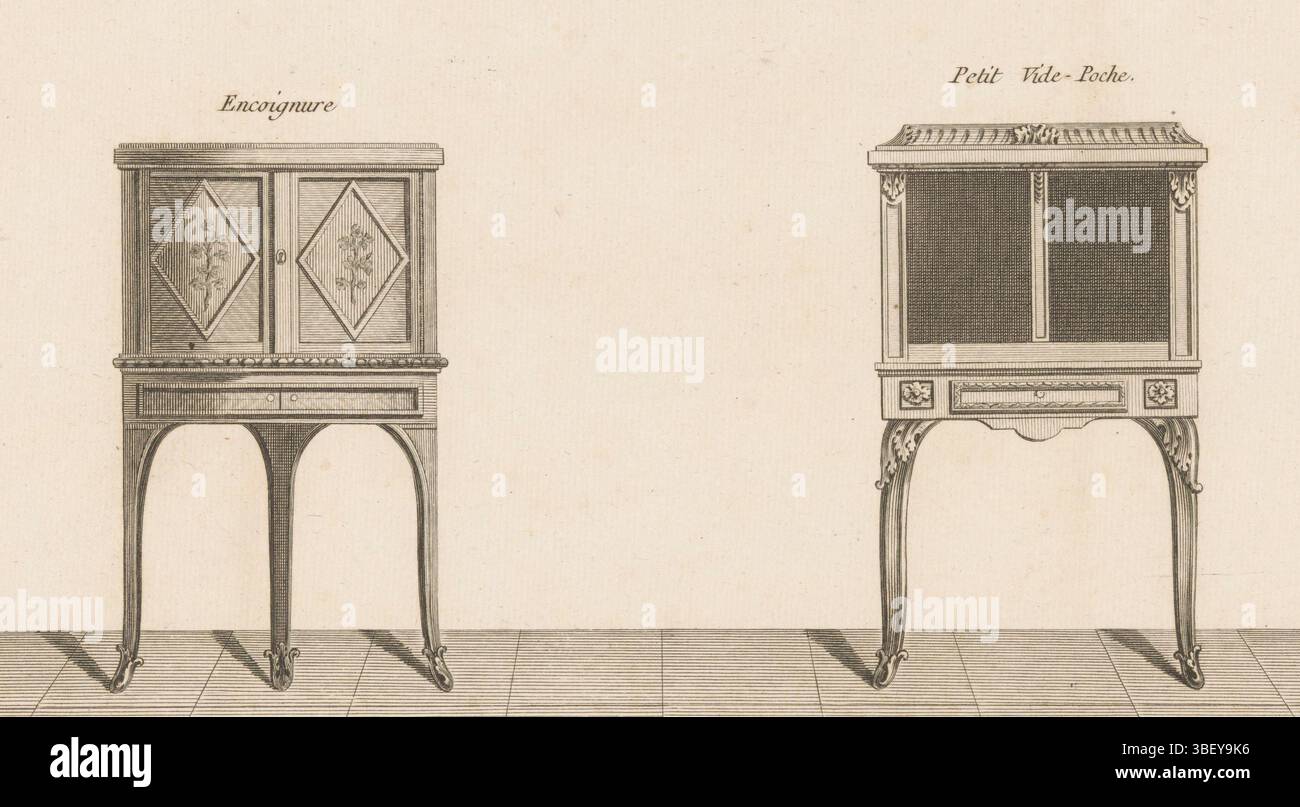 Paris, le Père & Pierre-Michel Avaulez, Charles, Boucher, juste Nathan François, Dupin, Nicolas, 17e cahier, tables et chiffonières, Encoignure, petit vide-poche, armoire d'angle et poche vide, Paris, verso - estampillé, à gauche une armoire d'angle ornementée avec motif floral, à droite une poche vide ornementée. Numéro d'impression 101., impression, impressions ornementales, impressions, hauteur 204 mm, largeur 325 mm, français, 1753, graveur, 1772 - 1779, papier, gravure, gravure, gravure (processus d'impression), concept de travail, 1736 - 1782-01, après conception, publication (événement), publication, éditeur Banque D'Images