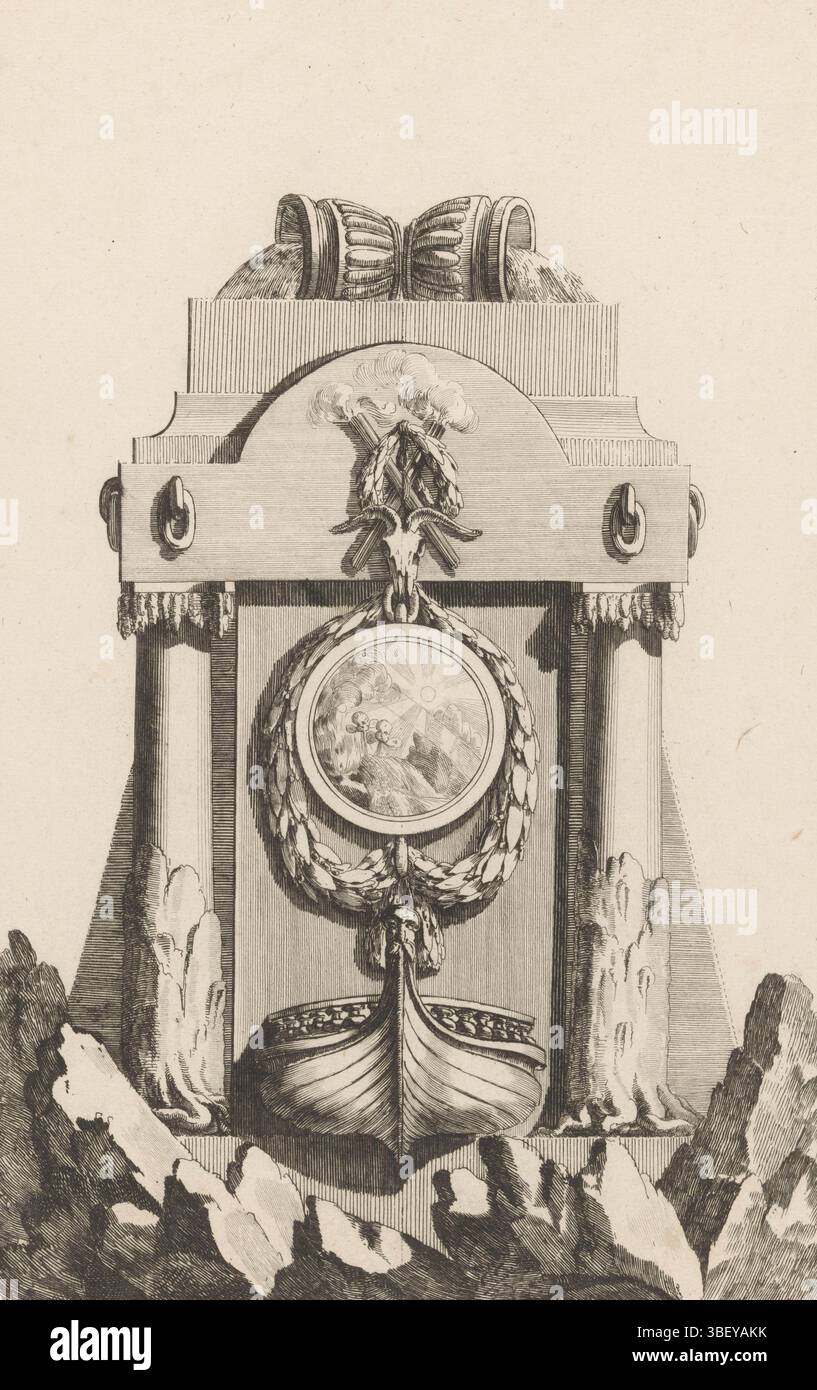 Paris, Chéreau, Jacques-François, Delafosse, Jean Charles, nouvelle Iconologie historique ou attributs Hierogliphyques, M Fontaines, le Cahos. Livre premier, Chaos ( ?), Paris, verso - estampillé, Une proue d'un bateau entre deux colonnes sur des rochers. Là-haut un médaillon rond avec putti et hautes vagues. Sur le dessus deux vases sur leur côté. Numéro d'impression 1., impression, impressions d'ornement, impressions, hauteur 380 mm, largeur 233 mm, français, 1734 - 1791-10-11, graveur, 1768 - 1771, papier, gravure, gravure, gravure (processus d'impression), concept de travail, selon sa propre conception, publication (événement), publication, 1742-10-14 - Banque D'Images