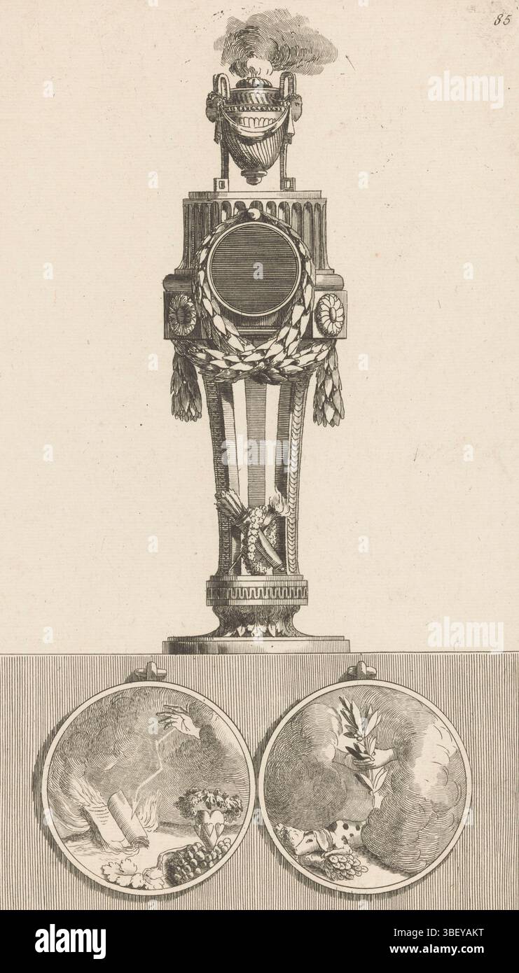 Paris, Chéreau, Jacques-François, Delafosse, Jean Charles, nouvelle Iconologie historique ou attributs Hierogliphyques, P pendules, Poligamie, bonne foi, Polygamy and Good Faith, Paris, verso - estampillé, un pendule ornementé avec des garlandes et un vase de fumée. Ci-dessous deux médaillons ronds, à gauche avec un livre brûlant, un éclair, une main, un coeur et des grappes de raisin et à droite avec deux mains avec une branche d'olivier et un chien couché sur une corne d'abondance. Numéro d'impression 85., impression, impressions ornementales, impressions, hauteur 380 mm, largeur 230 mm, français, 1734 - 1791-10-11, graveur, 1768 - 1771, papier, gravure Banque D'Images