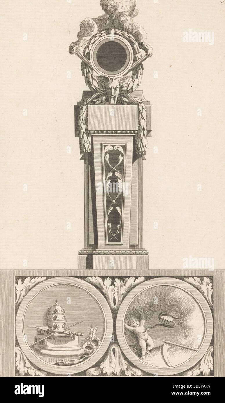 Paris, Chéreau, Jacques-François, Delafosse, Jean Charles, Beurlier, Charles, Nouvelle Iconologie historique ou attributs Hierogliphyques, P pendules, Inquisition, Medisance et Calomnie, Slander and Gossip, Paris, verso - estampillé, un pendule ornementé avec des garlandes, un masque ailé et des torches. Ci-dessous deux médaillons ronds, à gauche avec la tiare papale avec un livre sur un sous-sol et des serpents et à droite avec une faux, une main avec un serpent et un putto effrayé. Numéro d'impression 89., impression, impressions ornementales, impressions, hauteur 388 mm, largeur 236 mm, graveur, 1768 - 1771, papier, gravure, gravure, gravure (prin Banque D'Images