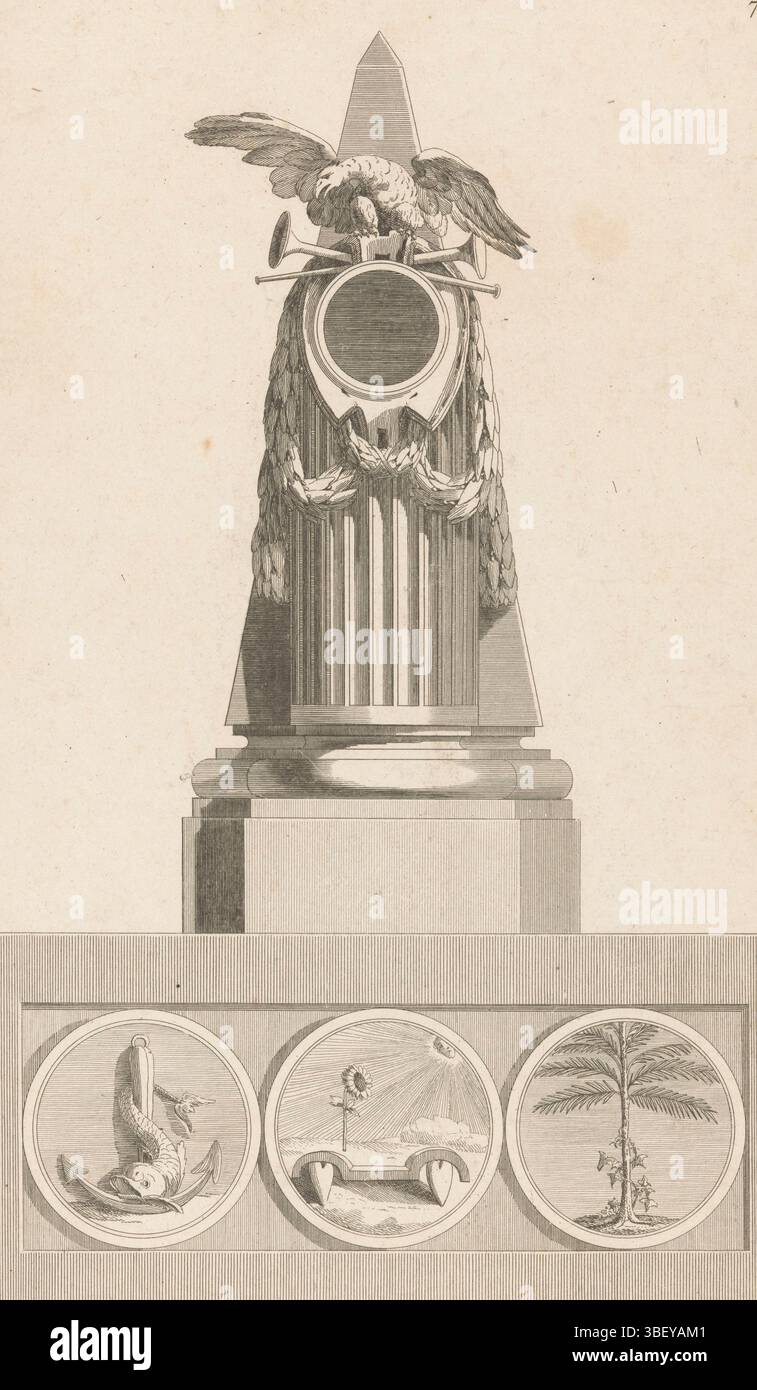 Paris, Chéreau, Jacques-François, Delafosse, Jean Charles, Beurlier, Charles, Nouvelle Iconologie historique ou attributs Hierogliphyques, P pendules, pouvoir Maritine, Simpatie, Majesté souveraine, marine, sympathie et majesté souveraine, Paris, verso - estampillé, un pendule ornementé avec des garlandes et un aigle sur des trompettes. Ci-dessous trois médaillons ronds, à gauche avec une ancre et un dauphin, au milieu avec un tournesol et des coeurs et à droite un palmier. Numéro d'impression 71., impression, impressions ornementales, impressions, hauteur 390 mm, largeur 239 mm, graveur, 1768 - 1771, papier, gravure, gravure, engr Banque D'Images