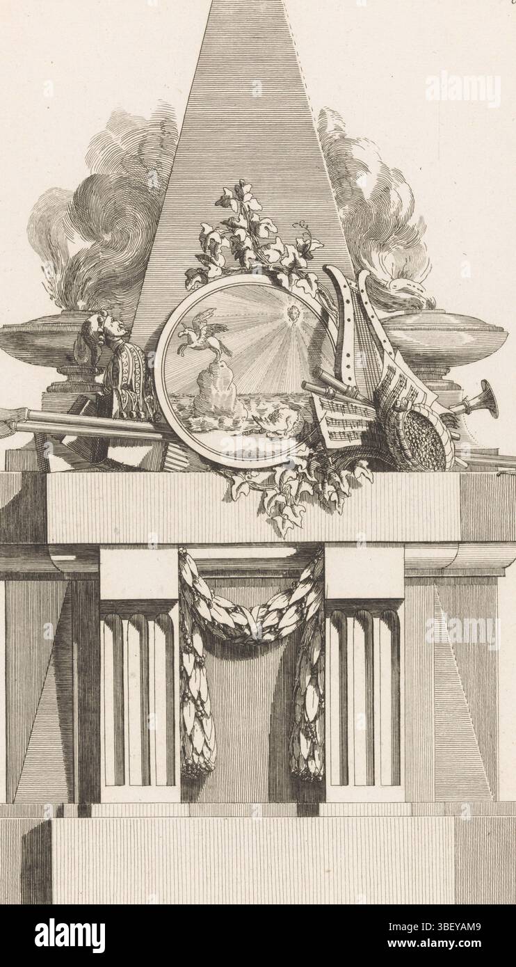 Paris, Chéreau, Jacques-François, Delafosse, Jean Charles, nouvelle Iconologie historique ou attributs Hierogliphyques, N tombeaux, les 4 Poeems, four Poems, Paris, verso - estampillé, Un tombeau avec des récipients de fumée, des instruments de musique, des partitions, une grenade, un bouffon et un médaillon rond avec un dragon et une licorne sur un rocher. Numéro d'impression 63., impression, impressions ornementales, impressions, hauteur 381 mm, largeur 233 mm, français, 1734 - 1791-10-11, imprimeur, 1768 - 1771, papier, gravure, gravure, gravure (processus d'impression), concept de travail, selon sa propre conception, publication (événement), publication, 1742-10-1 Banque D'Images