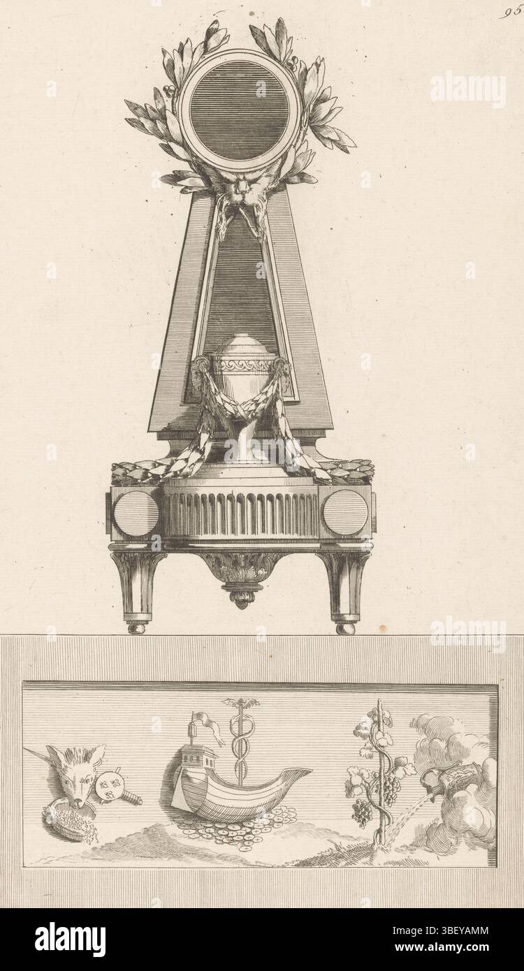 Paris, Chéreau, Jacques-François, Delafosse, Jean Charles, nouvelle Iconologie historique ou attributs Hierogliphyques, P pendules, cours des Monnoyes, grammaire, Money and Grammar, Paris, verso - estampillé, un pendule ornementé avec des garlandes, des branches et un vase. Ci-dessous se trouve une liste de la gauche d'une tête d'animal avec épée et grenade, au milieu d'un navire avec un caduceus sur les pièces de monnaie et sur la droite l'eau coule d'un vase sur les vignes de raisin. Numéro d'impression 95., impression, impressions ornementales, impressions, hauteur 383 mm, largeur 230 mm, français, 1734 - 1791-10-11, graveur, 1768 - 1771, papier, gravure, gravure, Banque D'Images