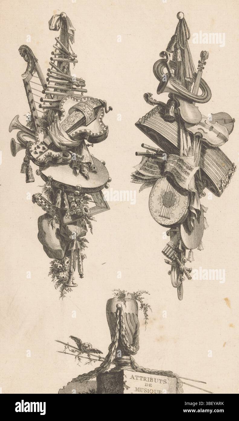 Paris, Daumont, Jean-François, Delafosse, Jean Charles, Tardieu, Pierre François, attributs de musique, Trophys avec instruments de musique, Paris, verso - estampillé, deux trophées avec partitions et instruments de musique tels qu'un xylophon, un tambourin, un cor, un violon et un luth., estampes, estampes ornementales, estampes, hauteur 384 mm, largeur 242 mm, français, 1711-12-24 - 1771-01-15, graveur, 1771 - 1775, papier, gravure, gravure (procédé d'impression), conception d'œuvres, 1734 - 1791-10-11, by design, publication (Event), publication, Français - 1775, éditeur Banque D'Images