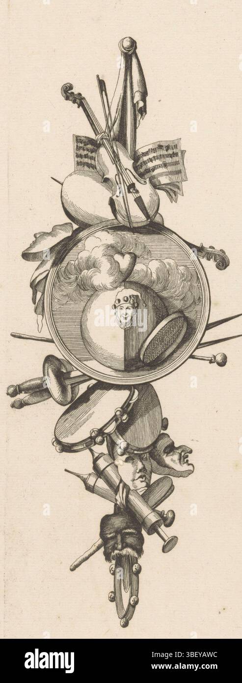 Augsbourg, Riedel, Gottlieb Friedrich, Delafosse, Jean Charles, la Comedie, Das Lustspiel, Komedie, Augsburg, verso - estampillé, un trophée avec violon, partitions, masques, armes, tambourins, seringues et un médaillon rond avec une boule noire et blanche avec une tête narren., impression, impressions ornementales, impressions, hauteur 300 mm, largeur 108 mm, graveur, 1771 - 1784, papier, gravure, gravure, gravure (procédé d'impression), conception d'oeuvre, français, 1734 - 1791-10-11, After design of, publication (événement), publication, allemand, 1724 - 1784, éditeur Banque D'Images