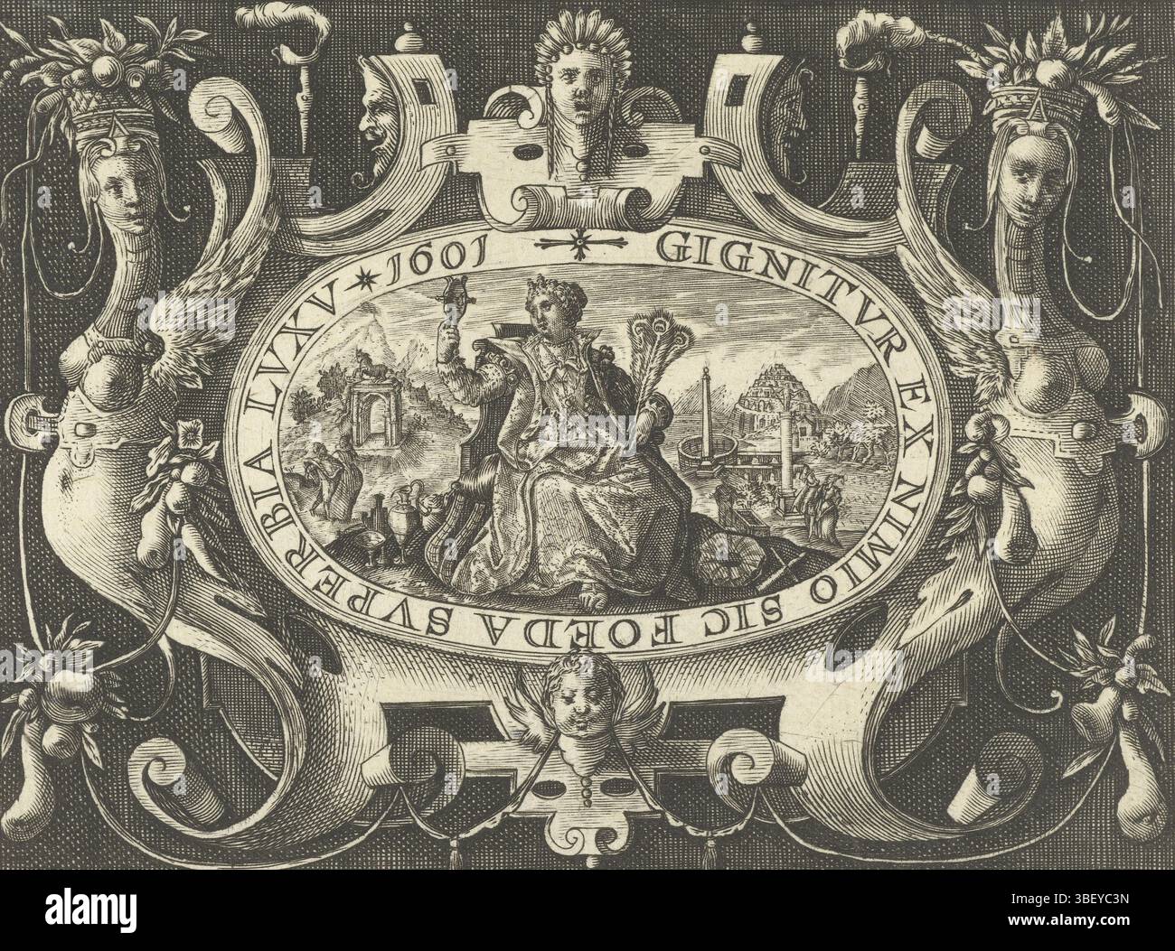 Les pays-Bas, les pays-Bas, passe, Crispijn van de (I), les pays-Bas, série figures féminines allégoriques dans les listes d'ornements, cartouches ovale avec des personnages féminins dans le cadre de rolework, GIGNITVR EX NIMIO SIC FOEDA SVPERBIA LVXV 1601, cartouche dans laquelle la fierté avec miroir et plumes de paon, pays-Bas, verso - estampé, le cartouche est flanqué de deux figures ressemblant à la sirène avec des paniers sur leurs têtes. Feuille de série de 8 feuilles avec cartouches dans un cadre de rouleaux avec grotesque, guirlandes et mascarons., impression, imprimés ornementaux, impressions, hauteur 94 mm, largeur 126 mm, imprimeur Banque D'Images