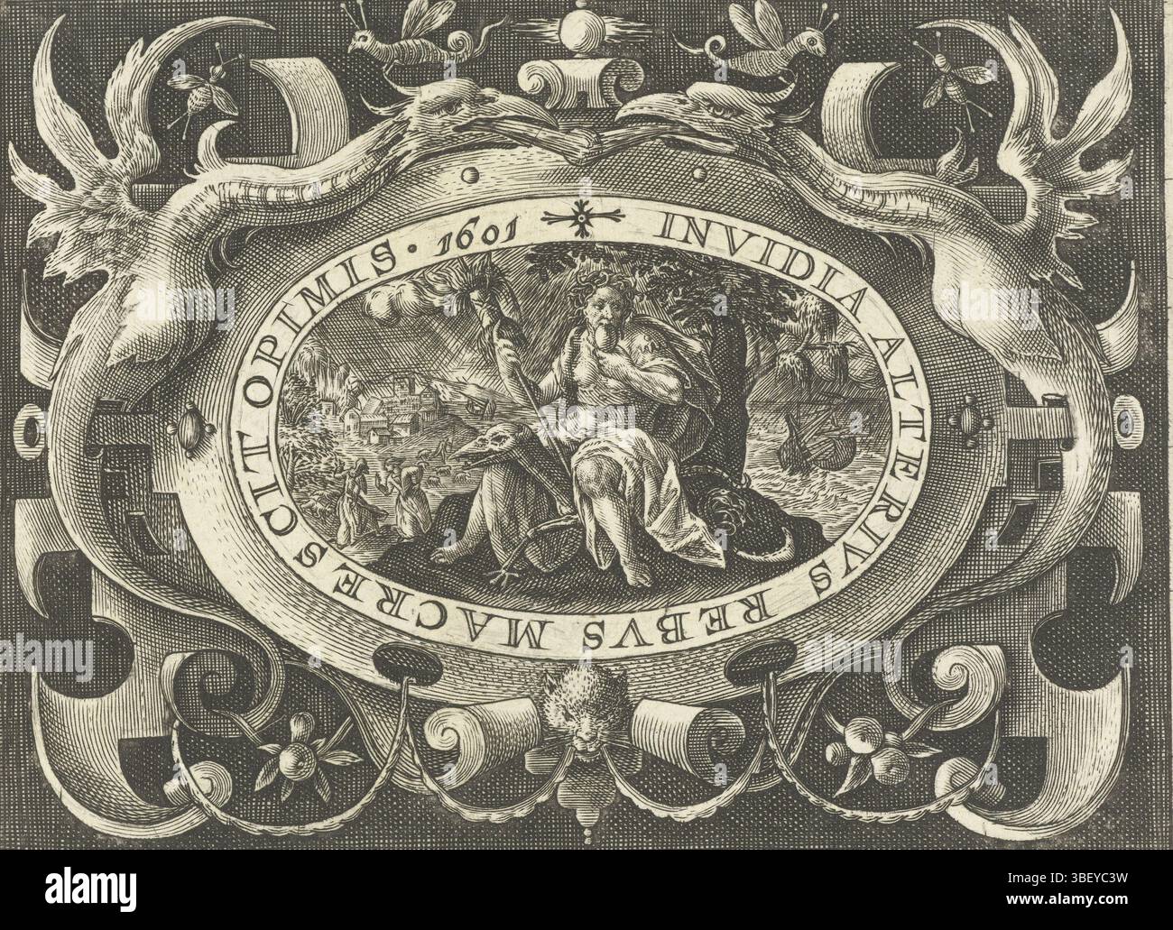Les pays-Bas, les pays-Bas, passe, Crispijn van de (I), les pays-Bas, série de figures féminines allégoriques dans des listes d'ornements, cartouches ovale avec des personnages féminins dans un cadre de travail de roulement, INVIDIA ALTERIVS REBVS MACRESCIT OPIMIS 1601, cartouche dans laquelle l'envie avec des poils de serpent, mordant dans un cœur, pays-Bas, verso - estampé, de cartouche est flanqué de deux dragons ailés. Feuille de série de 8 feuilles avec cartouches dans un cadre de rouleau avec grotesque, guirlandes et mascarons., impression, imprimés ornementaux, impressions, hauteur 96 mm, largeur 126 mm, graveur, 1601 - 1601, premier qua Banque D'Images