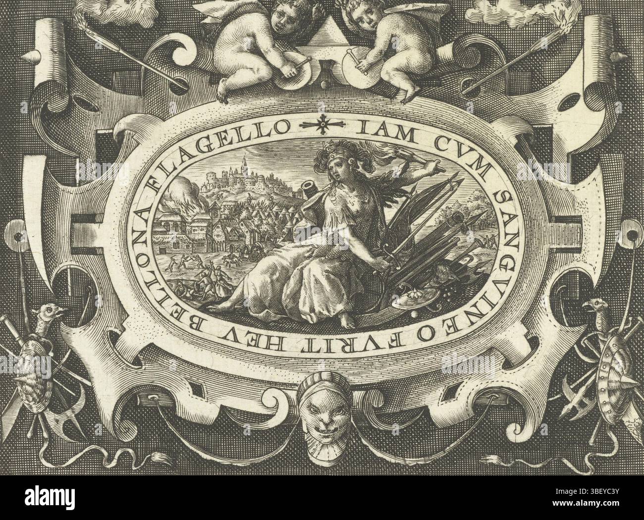 Les pays-Bas, les pays-Bas, passe, Crispijn van de (I), série de figures féminines allégoriques dans les listes d'ornements, cartouches ovale avec des personnages féminins dans le cadre de rouleau, IAM CVM SANGEREO FVRIT HEV BELLONA FLAGELLO, cartouche dans laquelle la guerre avec torche et armes, pays-Bas, verso sous - estampé, sur le cartouche sont deux enfants avec des baguettes. Feuille de série de 8 feuilles avec cartouches dans un cadre de rouleaux avec grotesque, guirlandes et mascarons., impression, imprimés ornementaux, impressions, hauteur 97 mm, largeur 127 mm, graveur, 1601 - 1601, premier quart 17ème siècle, papier, e Banque D'Images
