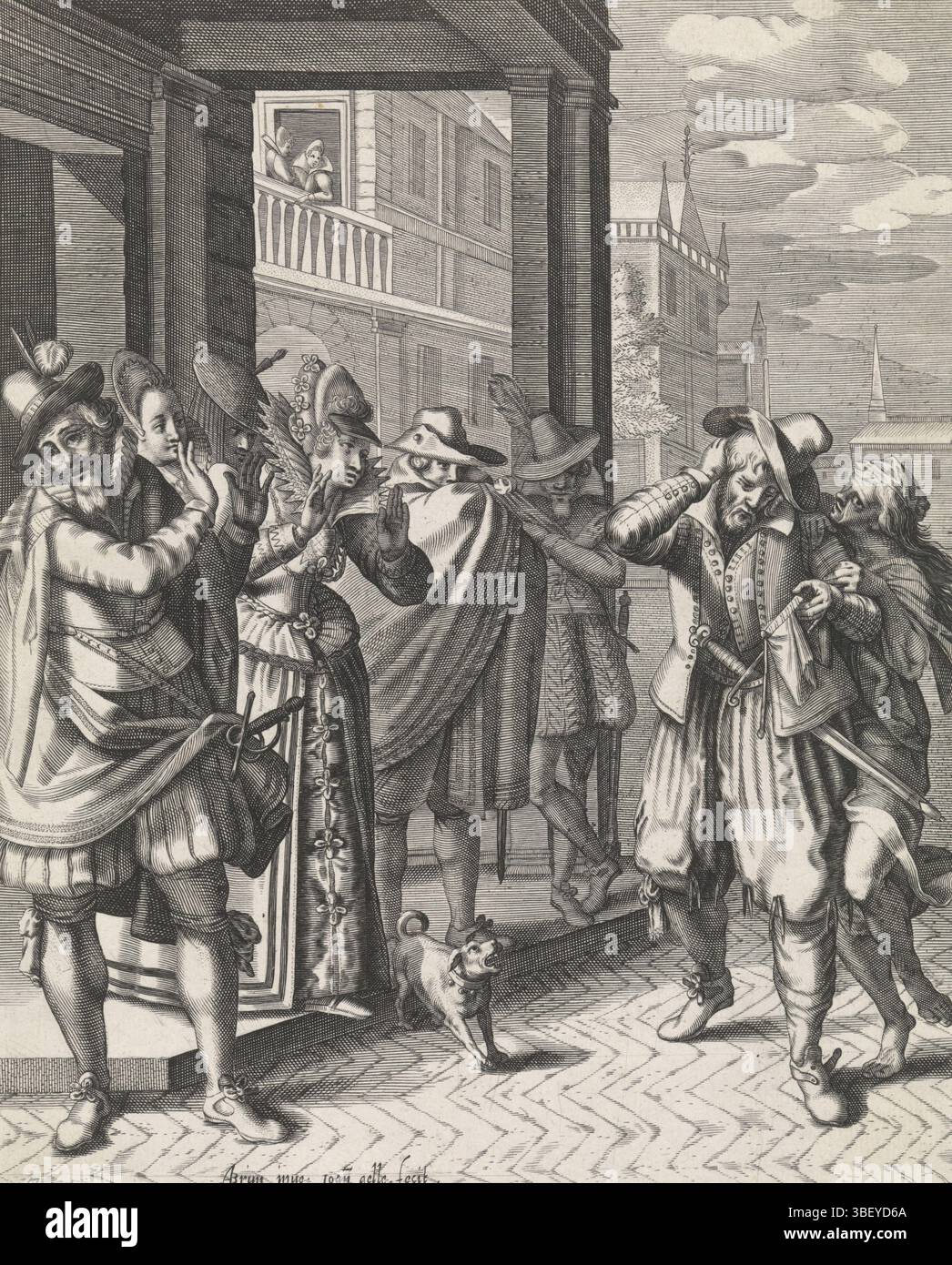 Braun, Augustin, Nederlanden, Gelle, Johann, la parabole du fils prodigue, le fils prodigue comme un pauvre semeur, au verso au milieu - estampillé, le fils prodigue est devenu un pauvre semeur. Évitez ses anciens amis et ignorez-le. La personnification de la pauvreté le guide sur son chemin. L'impression a une légende latine et allemande., impression, verso milieu en bas - estampillé, largeur 187 mm, hauteur, 260 mm, 1585 - 1625-03-30, graveur, 1595 - 1625, papier, gravure, gravure (procédé d'impression), concept de travail Banque D'Images