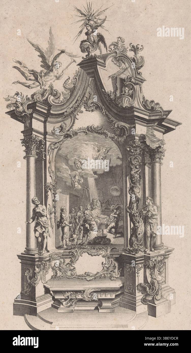 Augsbourg, Hertel, Johann Georg (I), Rudolph, Christian Friedrich, Setletzky, Balthasar Sigmund, dessins pour autels, autel avec culte par les bergers, Augsbourg, verso - estampillé, dessin pour un autel avec des ornements de rocaille et au milieu une image du culte par les bergers. Des deux côtés se tiennent Adam et Eve, Eve se tient à côté de l'arbre de la connaissance du bien et du mal avec le serpent. Sur le côté supérieur têtes de putti et un ange volant avec trompette et branche de palmier., impression, impression d'ornement, impressions, impressions d'ornement, hauteur 375 mm, largeur 207 mm, 1695 - 1771-06-21, graveur, 1705 - 1771, papier, et Banque D'Images