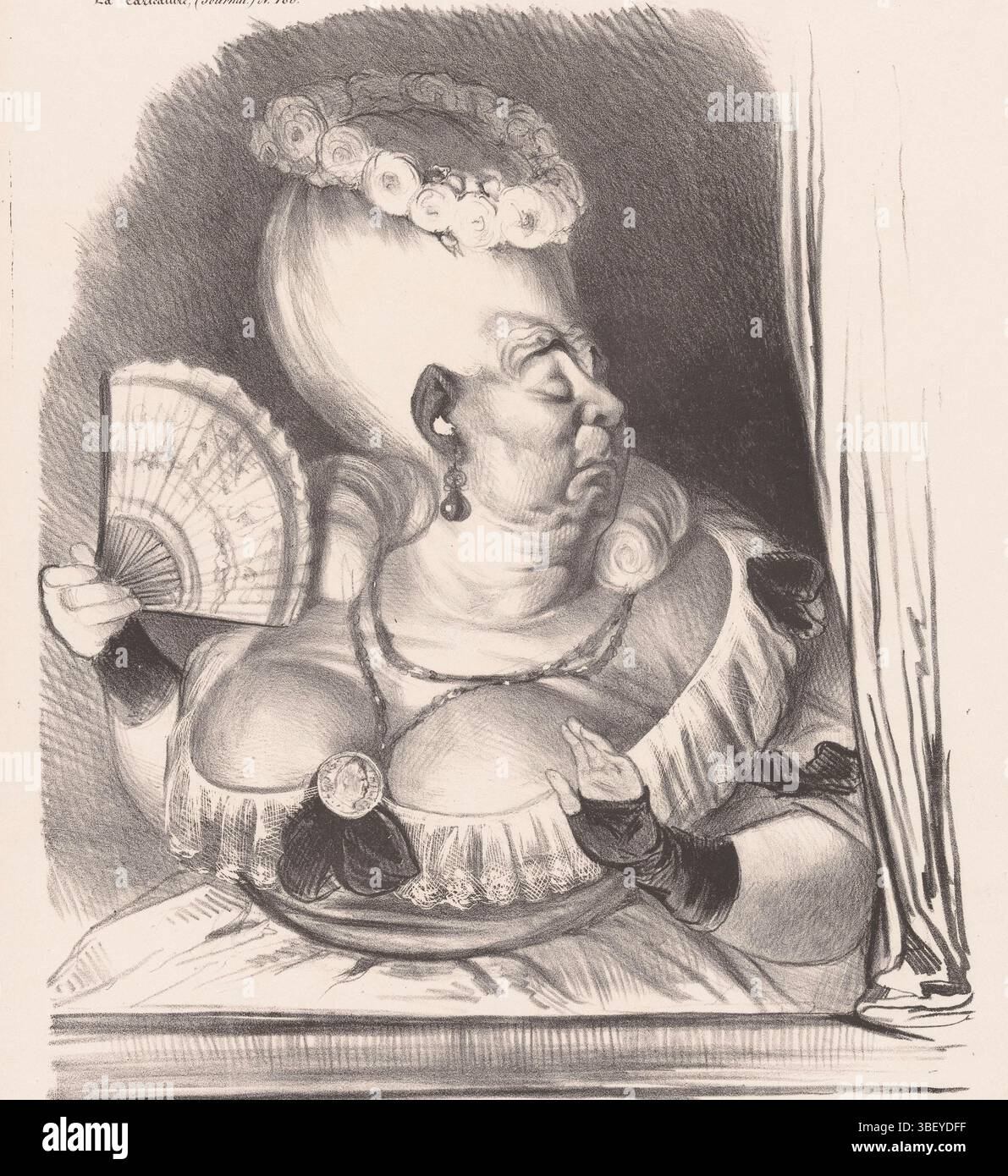 Paris, Aubert, Gabriel, Paris, Delaunois, Nicolas Louis, Daumier, Honoré, Mlle Etienne-Joconde-Cunégonde-Bécassine de constitutionnel, caricature du public de théâtre conservateur, verso - estampillée, la dame réagit contre la pièce 'Antony' d'Alexandre Dumas. Le personnage principal, Antony, ose se moquer de la famille noble Bécassine de constitutionnel., print, dessin animé, estampes, verso - estampillé, hauteur 363 mm, largeur 277 mm, Frans, 1808-02-26 - 1879-02-10, graveur, 1834 - 1834, papier, lithographie (technique), français, 1805-02-06, imprimeur, publication (événement), publication, 1784-07-24 - 1847-03-16, p Banque D'Images