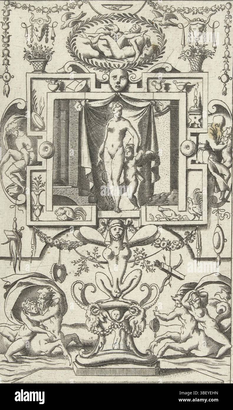 Thiry, Léonard, France, Boyvin, René, dieux et déesses, Vénus et Amor dans un cadre rectangulaire, en bas est un texte latin. De série de 16 feuilles partiellement numérotées avec des décorations plates de dieux et déesses dans un cadre de grandes créatures, animaux, garlandes et mascarons., impression, estampes d'ornement, tirages, hauteur 174 mm, largeur 106 mm, français, 1525 - 1598, graveur, 1551 - 1580, troisième quart du XVIe siècle, quatrième quart du XVIe siècle, papier, gravure, gravure (procédé d'impression), Hollande du Sud (avant 1775), 1500 - 1550, dessinateur intermédiaire Banque D'Images