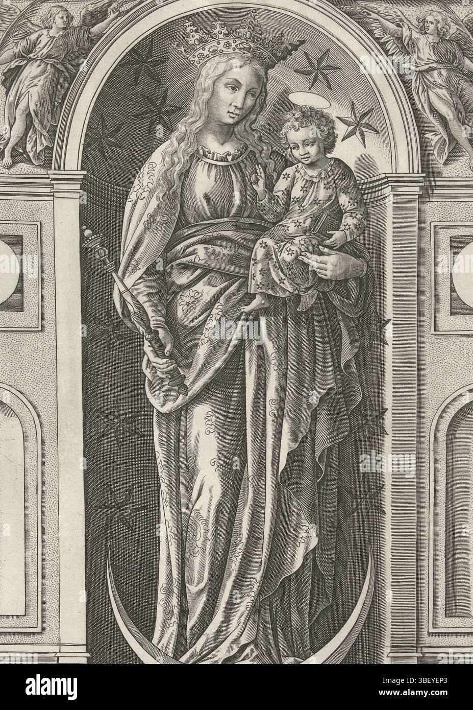 Firens, Pierre, vos, Maerten de, Anvers, Hoogstraten, Samuel van, Madonna met Kind, verso - estampillé, Madonna avec enfant dans une niche avec des étoiles, avec sous ses pieds une demi-lune et dans sa main droite un sceptre., impression, hauteur 277 mm, largeur 198 mm, 1627-08-02 - 1678-10-19, graveur, 1580 - 1638, papier, gravure, gravure (procédé d'impression), Work conception, Zuid-Nederlands, 1532 - 1603-12-04, après impression, publication (événement), publication, pays-Bas du Sud, français, 1580 - 1638-12-24, éditeur Banque D'Images