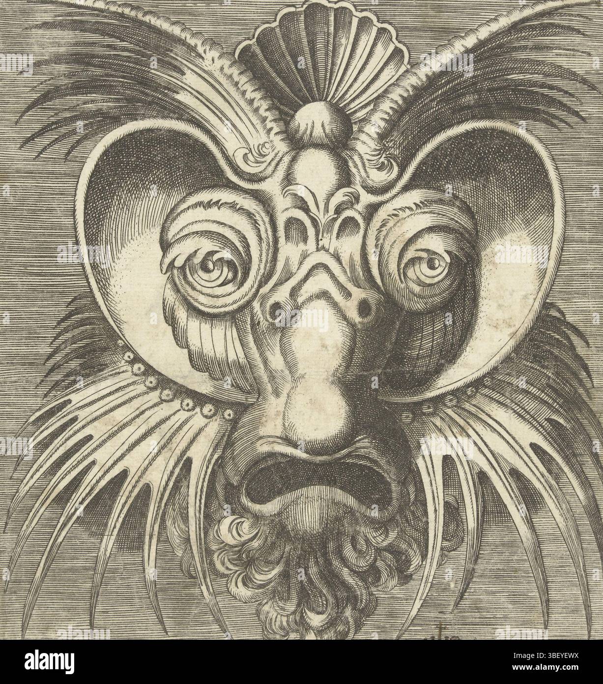 Pays-Bas, Floris, Cornelis (II), Italie, Monogrammist IHS, Libro di Variety mascar, masque avec des plats autour des yeux et des fourreaux pointus dentés sur les joues et le front, pays-Bas, copie de la feuille avec le numéro d'objet RP-P-1888-A-12652. 1 feuille d'une série de 24. Fond arrangé., impression, impression d'ornement, impressions, impressions d'ornement, hauteur 155 mm, largeur 147 mm, italien, imprimeur, 1560 - 1560, troisième quart XVIe siècle, papier, gravure, gravure (procédé d'impression), concept de travail, néerlandais du Sud (avant 1775), 1514 - 1575-10-20 Banque D'Images