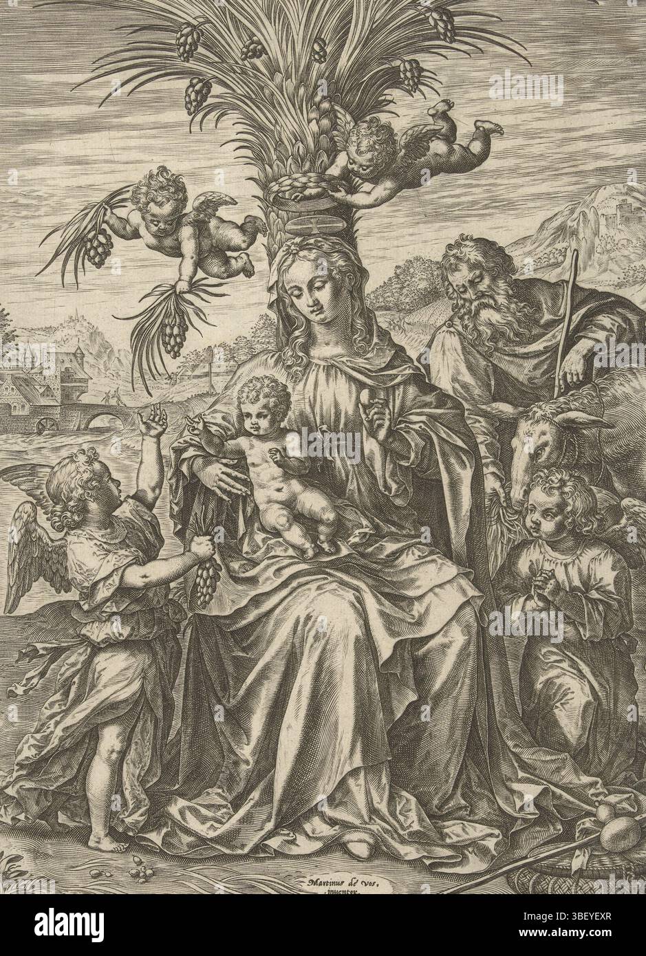 Baltens, Peeter, vos, Maerten de, Ditmaer, Jan, repose sur le vol en Egypte, Vero - estampillé, Sainte famille se reposant sur le vol en Egypte. Marie avec enfant assis près du palmier avec des anges. Joseph avec un âne en arrière-plan. Dans la marge inférieure, quatre lignes de texte latin., impression, hauteur 279 mm, largeur 199 mm, 1538 - 1603, graveur, 1548 - 1603, papier, gravure, gravure (procédé d'impression), Work conception, Zuid-Nederlands, 1532 - 1603-12-04, After design by, publication (événement), publication, 1528 - 1584, éditeur Banque D'Images