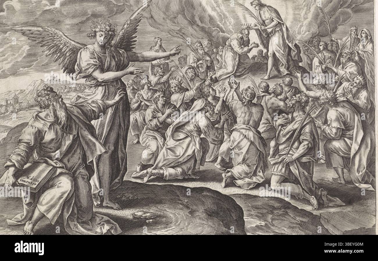 Anvers, Jode, Gerard de, vos, Maerten de, thesaurus sacrarum historium veteris testamenti, visions d'Esdras, première vision d'Esdras : le fils de Dieu couronne la foule, Anvers, verso - estampillé, Esdras est assis à droite au premier plan et est pointé à une vision par un ange. Esdras voit le fils de Dieu sur le mont Sion, qui couronne les hommes et tend la main à leurs branches de palmier. Sous la représentation une référence en latin au texte apocryphe de la Bible en 4 Esdras 2., impression, hauteur 204 mm, largeur 294 mm, conception de l'œuvre, néerlandais du Sud, 1532 - 1603-12-04, après conception de, 1585 - 1585, papier, gravure, gravure (impression pr Banque D'Images