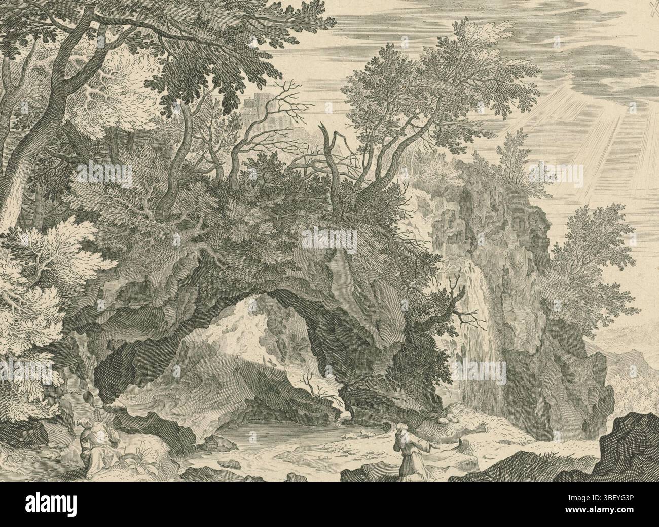 Brueghel, Jan (I), inconnu, Sadeler, Aegidius, Rotslandschap met de stigmatisation van de Sacred Franciscus, verso Center under - estampillé, Rotslandschap met groenen. Au premier plan, Saint François. Dans une vision, il voit la croix du Christ et reçoit ses stigmates., impression, verso milieu bas - estampillé, hauteur 208 mm, largeur 275 mm, Sud-néerlandais, 1570 - 1629, graveur, 1580 - 1629, papier, gravure, gravure (procédé d'impression), Work concept, 1568 - 1625-01-13 Banque D'Images