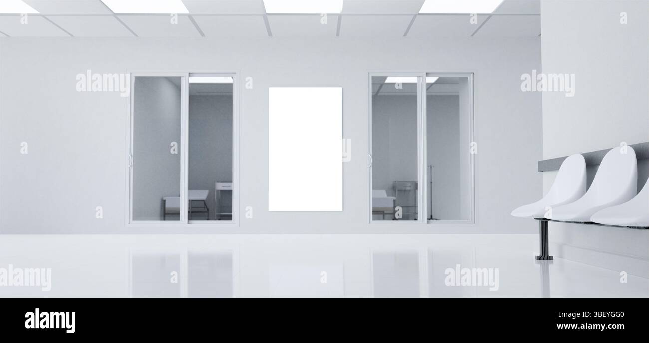 Zone d'attente médicale contemporaine avec espace mural vide, illustration de rendu 3D. Banque D'Images
