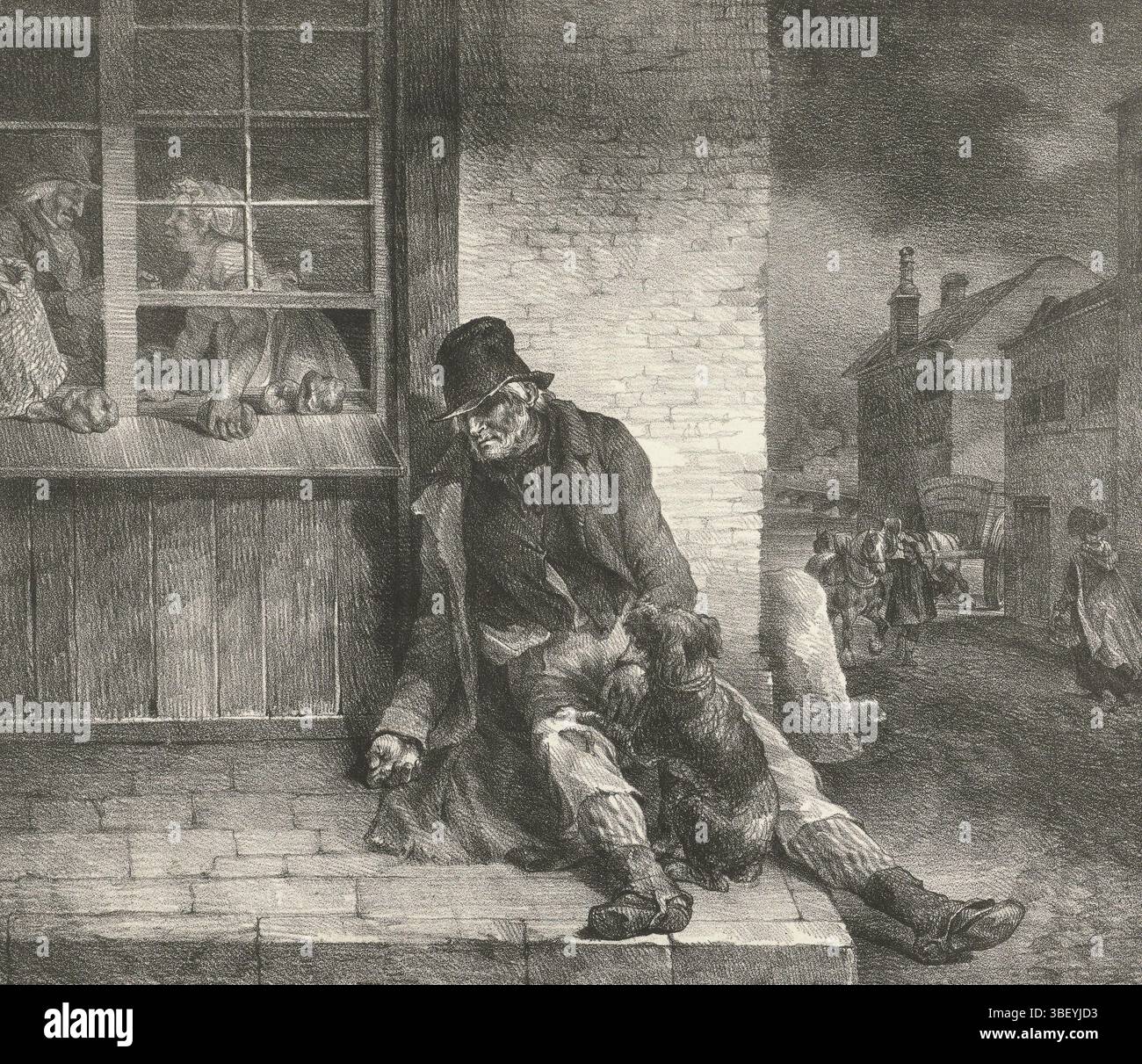 Londres, Rodwell & Martin, Londres, Hullmandel, Charles, Géricault, Théodore, divers sujets tirés de la vie, plusieurs sujets signés à la vie, pitié du désolé d'un pauvre vieil homme !, Bédelier, verso au milieu - estampillé, Un mendiant assis au coin d'une rue à côté d'une vitrine qui montre un homme et une femme. Sous la performance deux lignes du poème The Beggar's pétition de Thomas Moss., impression, verso milieu bas - estampillé, hauteur 318 mm, largeur 376 mm, hauteur 370 mm, largeur 442 mm, français, 1791-09-26 - 1824-01-26, graveur, 1821 - 1821-02-01, premier quart 19e siècle, papier, lithog Banque D'Images