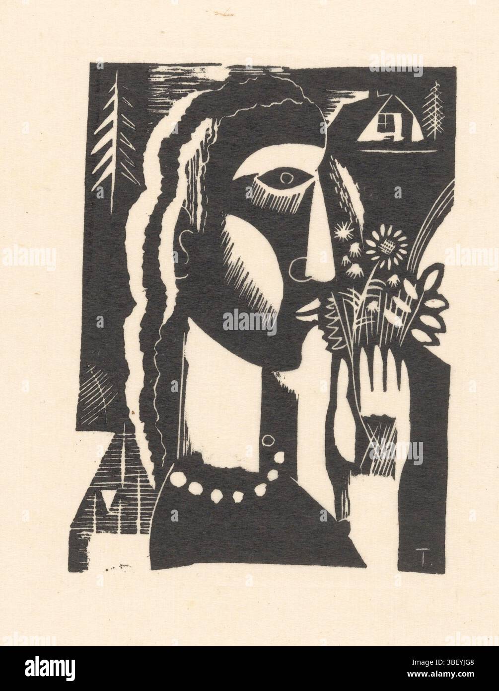 Doorn, Tinus van, femme avec des fleurs à la main, verso - estampillé, impression, hauteur 285 mm, largeur 220 mm, néerlandais, 1905-06-02 - 1940-05-17, imprimeur, 1915-1940, papier transparent, gravure sur bois Banque D'Images