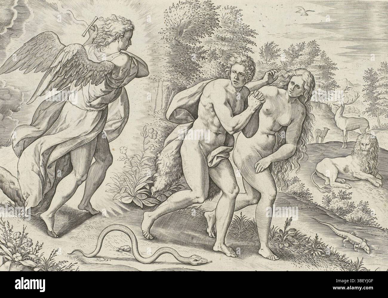 Amsterdam, Visscher, Claes Jansz. (II), Broeck, Crispijn van den, Sadeler, Johann (I), Theatrum Biblicum hoc est Historiae Sacrae Veteris et Novi Testamenti Tabulis Aeneis Expressae, création et chute, départ du Paradis, Amsterdam, expulsion du Paradis, Adam et Ève sont chassés du paradis par un ange avec une épée flamboyante. À côté d'eux, le serpent rampant. Juste en arrière-plan, un lion et un cerf. En bas se trouve une référence au texte de la Bible en latin. Cette impression fait partie d'un album., impression, feuille d'albumsheet, impressions, hauteur 200 mm, largeur 270 mm, Zuid-Nederlands, 1550 - 1600-08, printmak Banque D'Images