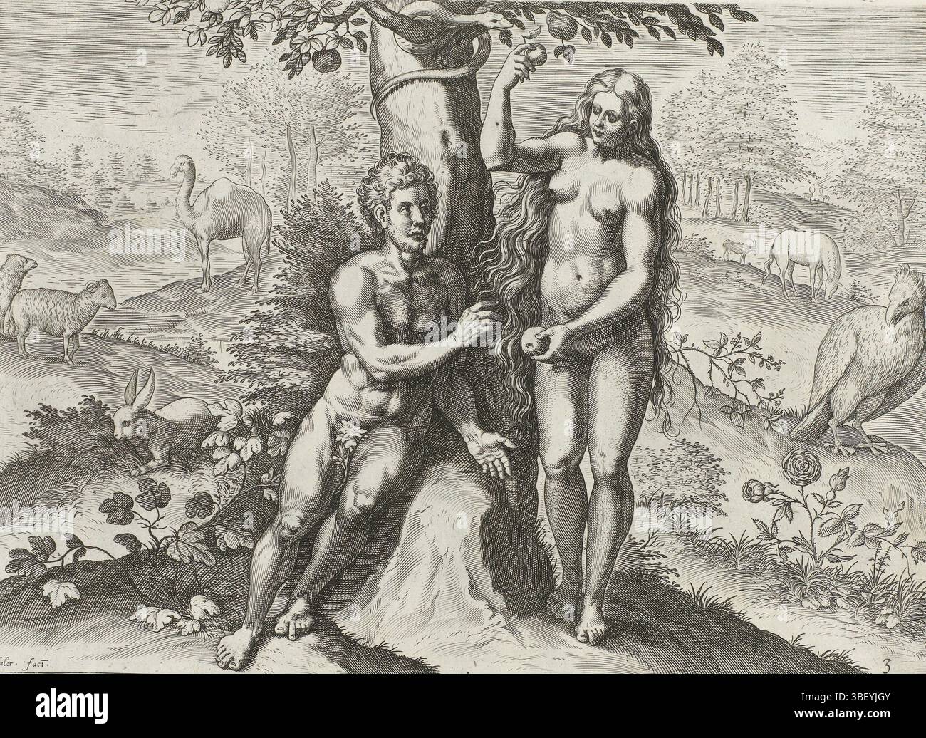 Amsterdam, Visscher, Claes Jansz. (II), Broeck, Crispijn van den, Sadeler, Johann (I), Theatrum Biblicum hoc est Historiae Sacrae Veteris et Novi Testamenti Tabulis Aeneis Expressae, création et chute, Eve séduit Adam de manger l'arbre, Amsterdam, Eve offre à Adam une pomme de l'arbre de la connaissance du bien et du mal. Dans l'arbre le serpent. Différents animaux en arrière-plan. En bas se trouve une référence au texte de la Bible en latin. Cette impression fait partie d'un album., impression, feuille d'albumsheet, impressions, hauteur 199 mm, largeur 270 mm, Zuid-Nederlands, 1550 - 1600-08, graveur, 1643 - 1643, papier, gravi Banque D'Images