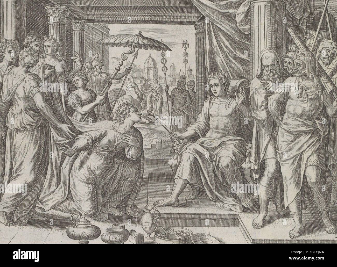 Amsterdam, Visscher, Claes Jansz. (II), Snellinck, Jan (I), Collaert, Hans (I), Theatrum Biblicum hoc est Historiae Sacrae Veteris et Novi Testamenti Tabulis Aeneis Expressae, histoire de Salomon, Salomon reçoit la Reine de Seba, Amsterdam, la Reine de Seba s'agenouille devant le trône de Salomon. Derrière elle se trouve sa conséquence. Au premier plan sont affichés les cadeaux. Sous la représentation une référence en latin au texte de la Bible en 1 Kon. 10. Cette impression fait partie d'un album., impression, feuille d'albumsheet, impressions, hauteur 188 mm, largeur 243 mm, Sud-néerlandais (avant 1775), 1540 - 1581, graveur, 1579 - 1579, papier Banque D'Images