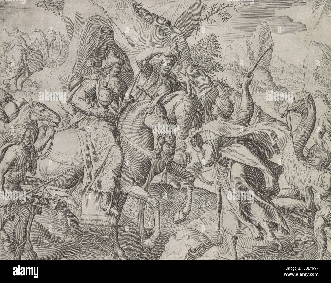 Amsterdam, Visscher, Claes Jansz. II), Groeningen, Gerard van, Sadeler, Johann (I), Theatrum Biblicum hoc est Historiae Sacrae Veteris et Novi Testamenti Tabulis Aeneis Expressae, Jeunesse du Christ, rencontre et voyage des trois rois, Amsterdam, les trois rois se rencontrent à la croisée des chemins et suivent ensemble l'étoile de Bethléem. Le roi noir avec son sceptre pointe vers l'étoile. Sous la représentation une référence en latin au texte de la Bible dans Mat. 2. Cette impression fait partie d'un album., impression, feuille d'albumsheet, impressions, hauteur 211 mm, largeur 253 mm, Zuid-Nederlands, 1550 - 1600-08, graveur, 1572 - Banque D'Images