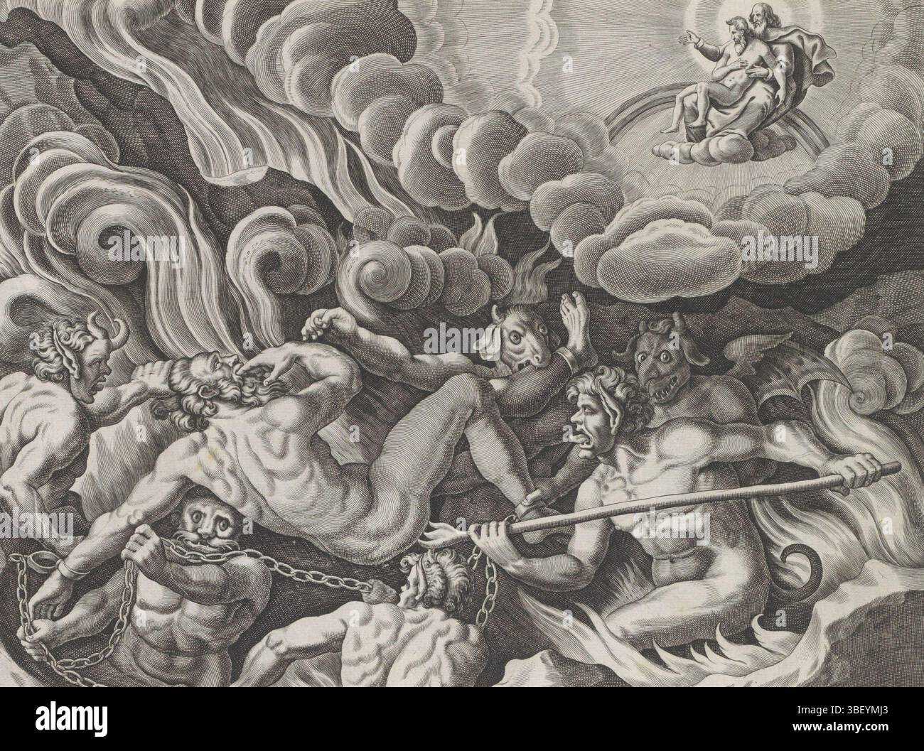 Amsterdam, Visscher, Claes Jansz. (II), Galle, Theodoor, Theatrum Biblicum hoc est Historiae Sacrae Veteris et Novi Testamenti Tabulis Aeneis Expressae, similitude entre l'homme riche et le pauvre Lazare, Vision de l'homme riche en enfer, Amsterdam, l'homme riche en enfer. Il est en proie à des flammes infernales, des démons et des diables. Dans une vision, il voit le pauvre Lazare sur les genoux d'Abraham. Sous la représentation une référence en latin au texte de la Bible en Luc. 16 :24. Cette impression fait partie d'un album., impression, feuille d'albumsheet, impressions, hauteur 213 mm, largeur 257 mm, graveur, 1643 - 1643, papier, gravure, gravure (impression pro Banque D'Images