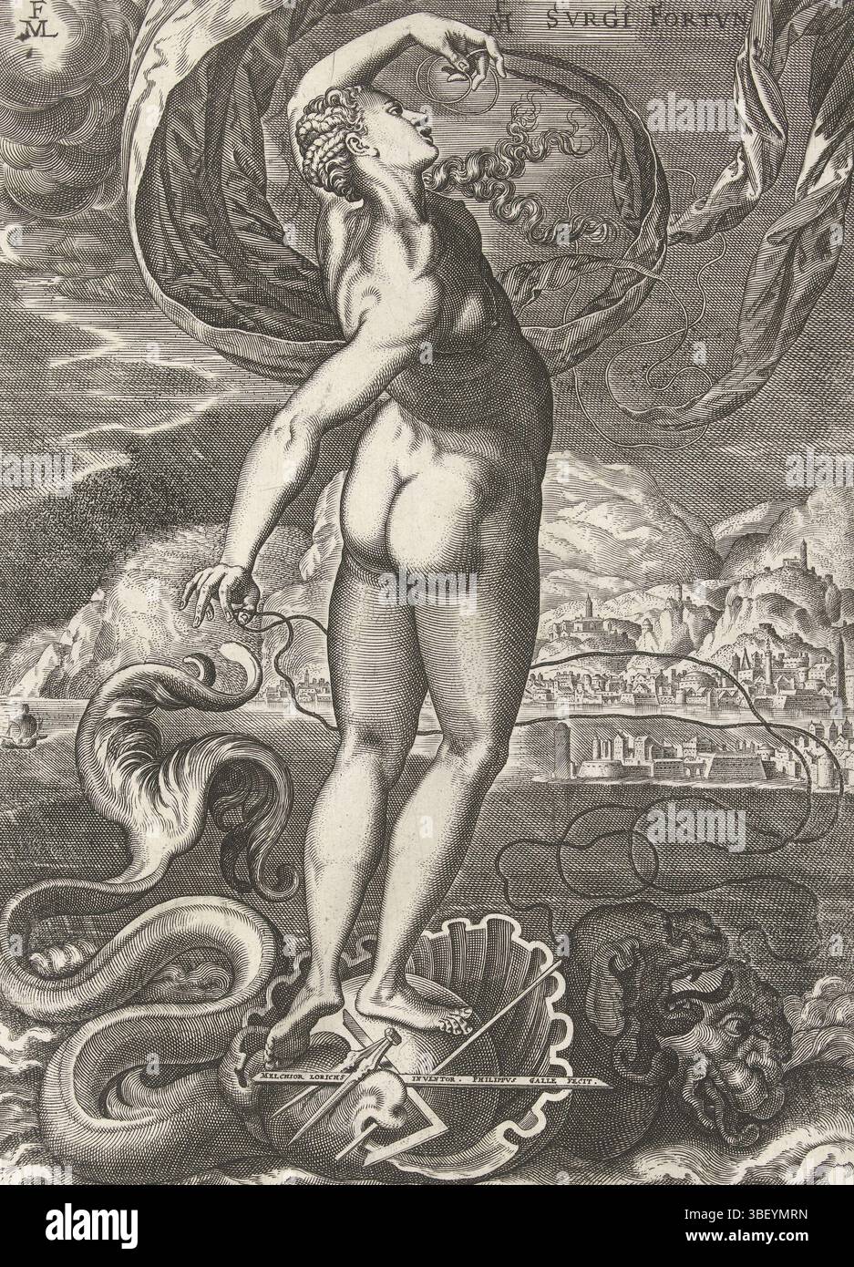 Ghyslinck, Victor, Lorck, Melchior, Anvers, Galle, Philips, Svrgi Fortvn, destin du destin, verso milieu bas - estampillé, la personnification du destin. Il se tient tremblant sur une atmosphère sphérique, flottant dans une coquille en mer. Dans ses mains une voile, avec laquelle elle navigue selon quel côté le vent souffle. A côté de la coquille deux joints. L'impression a une légende latine., impression, largeur 224 mm, hauteur, 315 mm, néerlandais du Sud, 1537 - 1612-03-29, graveur, 1574 - 1574, papier, gravure, gravure (processus d'impression), concept de travail, danois, 1527 - 1588, après conception par, pays-Bas du Nord, 1549 - 1580, écrire Banque D'Images