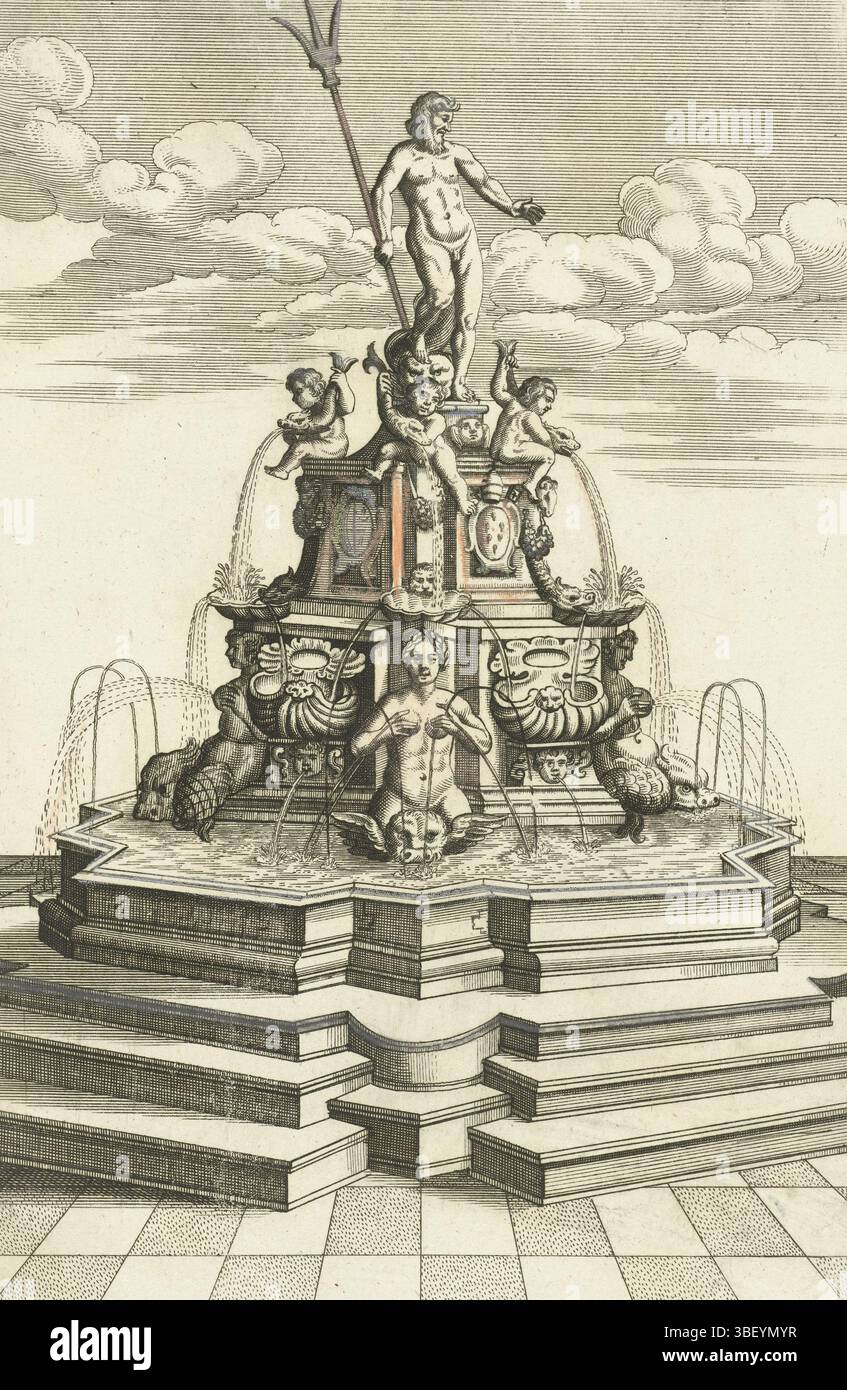Nuremberg, Fürst, Paul, Nuremberg, Gerhard, Christoph, Allemagne, Böckler, Georg Andreas, Architectura Curiosa Nova, Volhoekig bassin op aan Hoog met stappen, in het bassin est un bâtiment décoré de sirènes sur dauphins, coquillages, putti, poissons et deux armoiries. Feuille 104 de la partie III d'une série composée de 226 feuilles, divisées en quatre livres, chacun avec sa propre feuille de titre., estampes, estampes d'ornement, estampes d'ornement, hauteur 258 mm, largeur 173 mm, conception du travail, selon la conception de, 1664 - 1664, troisième quart 17ème siècle, papier, gravure, imprimeur, imprimeur, publication (événement), Banque D'Images