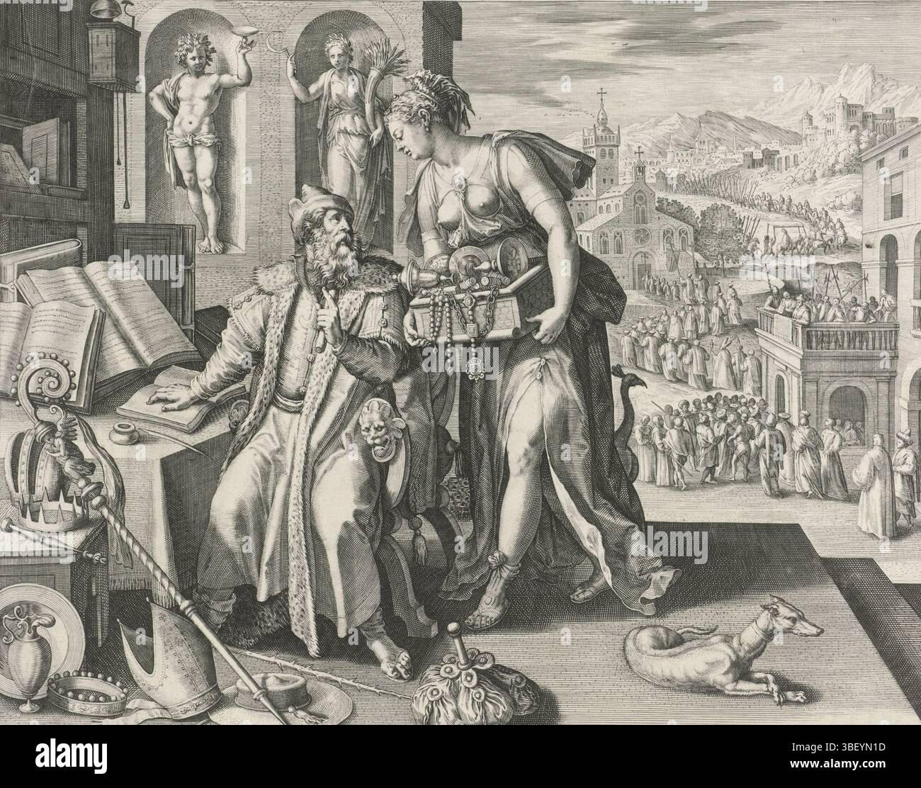 Sadeler, Raphael (I), vos, Maerten de, Francfort, Sadeler, Cologne, les quatre âges, honneur, moyen âge sous l'influence de l'honneur, verso milieu sous - estampillé, Un homme d'âge moyen est assis à sa table de travail. Autour de lui plusieurs livres et symboles du pouvoir séculier et spirituel (une couronne, une mitre d'évêque, un chapeau de cardinal). Il parle à Juno qui lui apporte une boîte de bijoux et de l'argent. Juste en arrière-plan un discours et une procession. Les images de Bacchus et Cérès sur la gauche. Avec légende latine., imprimer, verso sous - estampillé, hauteur 217 mm, largeur 255 mm, Zuid-Nederlands, 1560, imprimeur, 1591 - 1 Banque D'Images