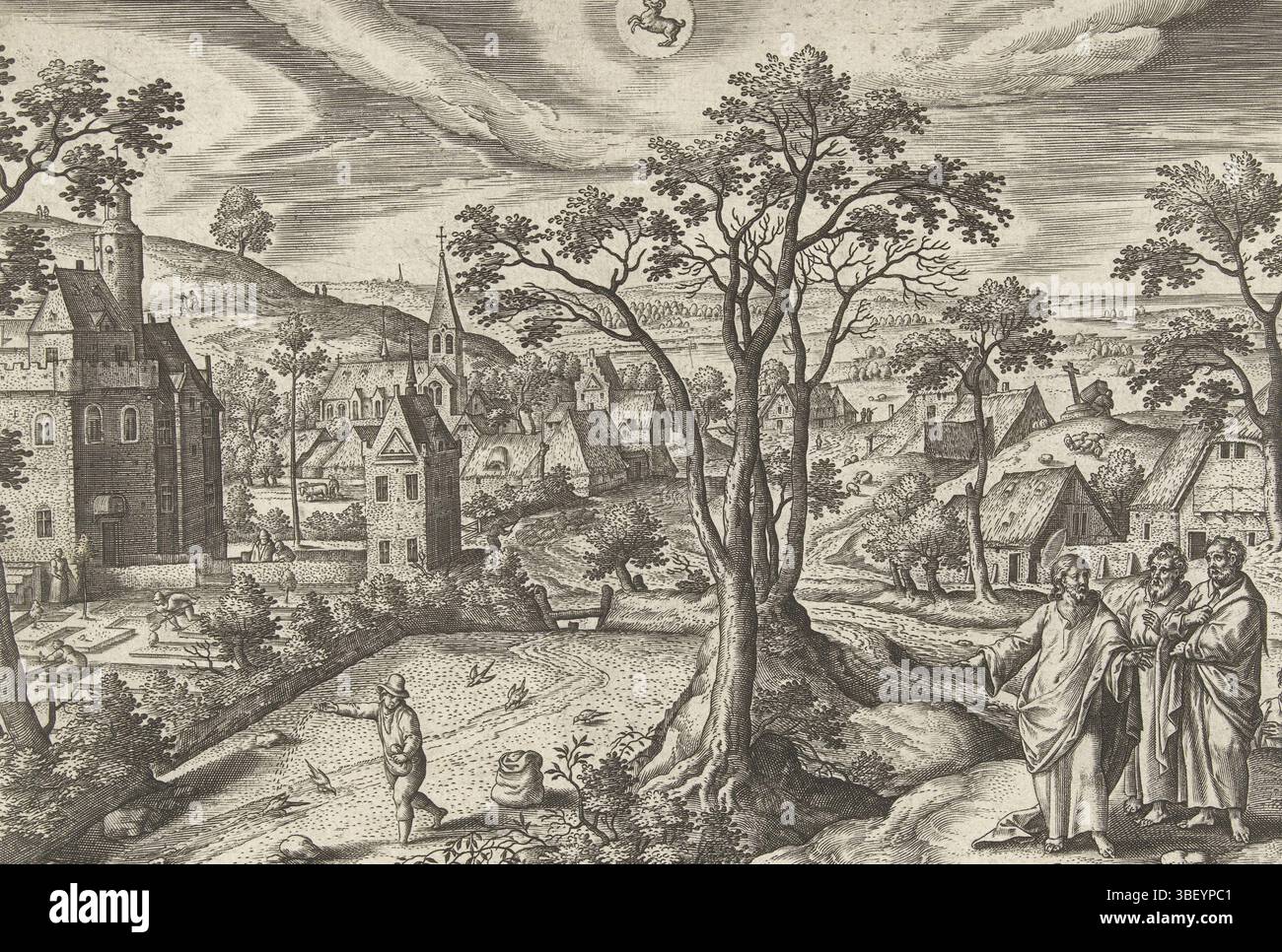 Anvers, Sadeler, Anvers, bol, Hans, Collaert, Adriaen, Emblemata Evangelica, la vie du Christ dans les douze mois, mars : la parabole du semeur, Anvers, verso milieu bas - estampillé, Un paysage printanier. Dans l'air le signe astrologique de mars, Ram. Dans le coin inférieur droit, Christ dit à trois de ses disciples la parabole du semeur (Luc 8). Seme centralement une graine fermière sur son champ. Les oiseaux le suivent et mangent la graine. En arrière-plan est le jardinage. L'estampe a une légende latine et fait partie d'une série sur la vie du Christ représentée dans les douze mois de l'année., pr Banque D'Images