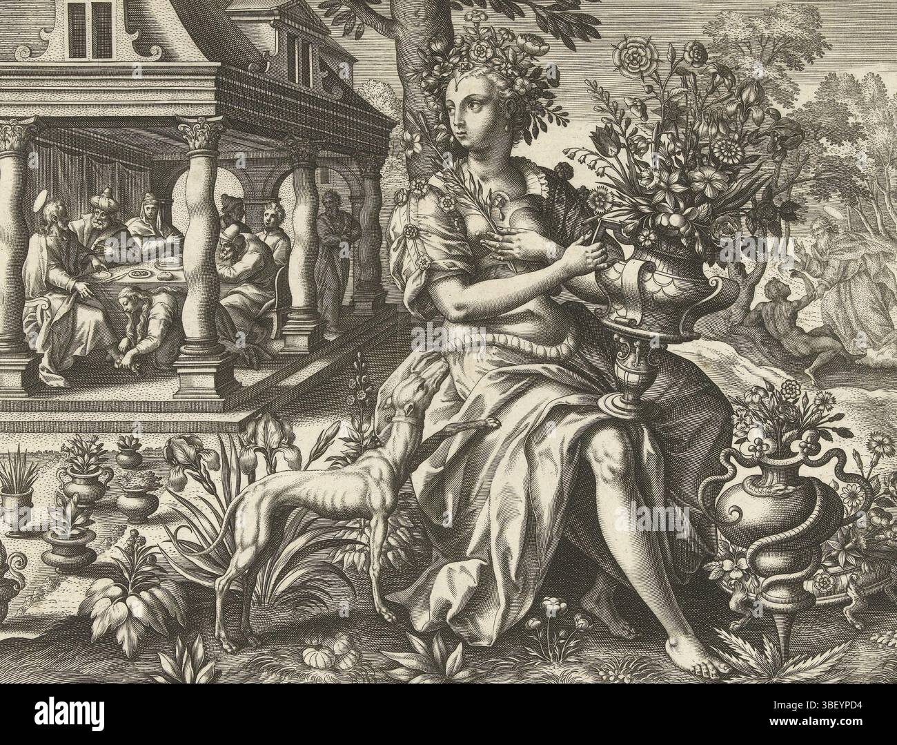 Duffel, Kiliaan, Cornelis, Anvers, Collaert, Adriaen, vos, Maerten de, les cinq sens, Odoratvs, Reuk, verso milieu - estampillé, la figure allégorique de l'odorat. Elle a un vase à fleurs dans la main et sent comme une fleur. Elle était accompagnée d'un chien. En arrière-plan, deux scènes de la Bible : le pied du Christ par Marie Madeleine (Jean 12 :3) et la création d'Adam par Dieu (Genèse 2 :7). Le tirage a une légende latine et fait partie d'une série en cinq parties sur les sens., tirage, hauteur 212 mm, largeur 258 mm, Sud-néerlandais (avant 1775), 1560 - 1618-06-29, graveur, 1570 - 1618, papier, gravure, gravi Banque D'Images