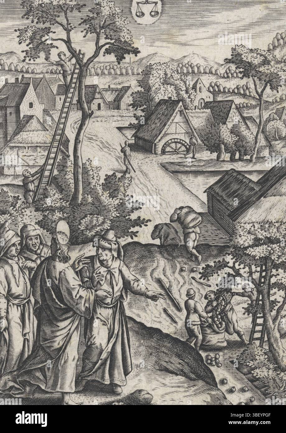 Amsterdam, Swelinck, Jan Gerritsz, septembre, les douze mois, septembre, Amsterdam, verso milieu - estampillé, Johannes le Baptiste dit aux gens qui veulent être baptisés par lui que chaque arbre qui ne porte pas de bons fruits est coupé et jeté au feu. Dans le paysage en arrière-plan, les agriculteurs sont occupés par la récolte des fruits. Dans le ciel le symbole de la constellation de la Balance. Sous l'impression quatre règles en français avec une référence à Luc. 3. Sur les deux faces du texte, une marque d'impression, impression, hauteur 138 mm, largeur 90 mm, nord des pays-Bas, 1601, graveur, 1624 - 1645, papier, gravure, Banque D'Images Amsterdam, Swelinck, Jan Gerritsz, septembre, les douze mois, septembre, Amsterdam, verso milieu - estampillé, Johannes le Baptiste dit aux gens qui veulent être baptisés par lui que chaque arbre qui ne porte pas de bons fruits est coupé et jeté au feu. Dans le paysage en arrière-plan, les agriculteurs sont occupés par la récolte des fruits. Dans le ciel le symbole de la constellation de la Balance. Sous l'impression quatre règles en français avec une référence à Luc. 3. Sur les deux faces du texte, une marque d'impression, impression, hauteur 138 mm, largeur 90 mm, nord des pays-Bas, 1601, graveur, 1624 - 1645, papier, gravure, Banque D'Images