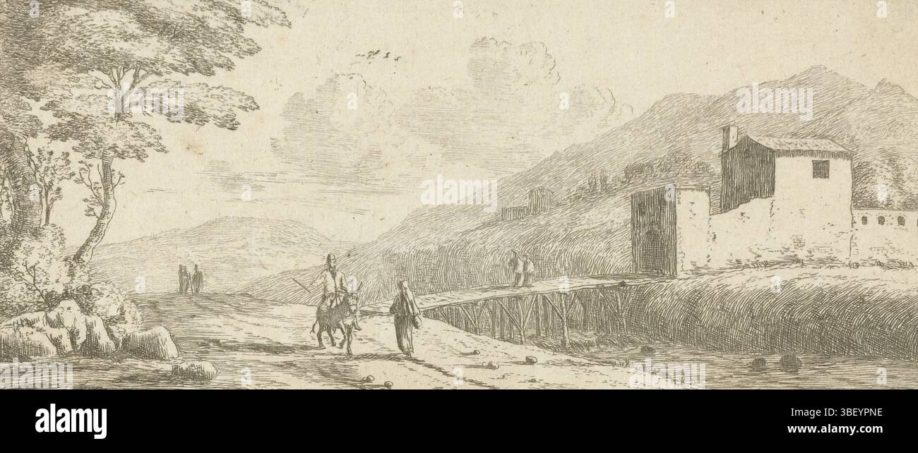Amsterdam, Duckerts, Justus, Nooms, Reinier, Nederland, divers boardings et similaires, divers embbarques et autres faïcs, paysage avec un homme sur un âne, Amsterdam, pays-Bas, verso en haut à gauche - crayon, paysage Heuvelig avec un homme chevauchant un âne long d'une rivière. Un pont près d'un bâtiment sur la rive., impression, centre verso - estampillé, centre vero droite - estampé, bas vero gauche - estampé, deux c' de verrouillage, hauteur 80 mm, largeur 178 mm, Nord-Nederlands, 1624 - 1664, graveur, 1651 - 1652, troisième quart 17ème siècle, papier, gravure, conception d'œuvres, Noord-Nederlands, selon sa propre desig Banque D'Images