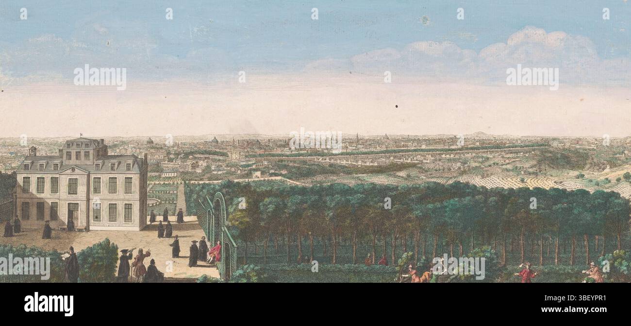 Paris, Rigaud, Jacques, Vûë générale de Paris, vue de la ville de Paris vue du village de Ménilmontant, Paris, dans la marge inférieure une ligne texte français., impression, impressions optiques, impressions, hauteur 227 mm, largeur 476 mm, publication (événement), publication, éditeur, 1700 - 1799, papier, carton, aquarelle (peinture), peinture à l'eau, gravure, pinceau, français, 1681 - 1754, imprimeur, imprimeur Banque D'Images