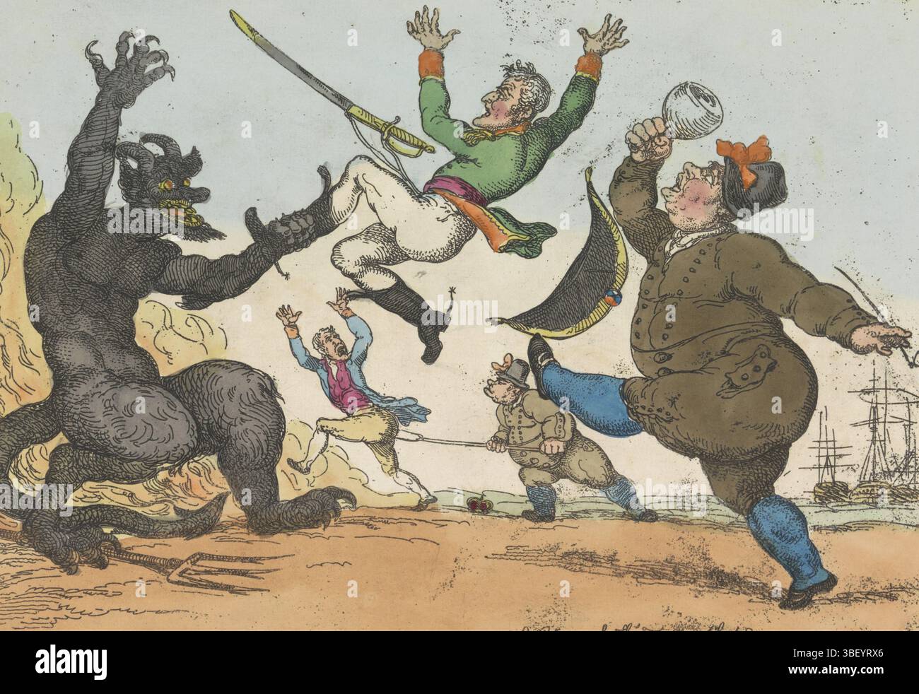 Londres, Tegg, Thomas, Angleterre, Rowlandson, Plump to the Devil We hardiment kick'd Bone Nap et son partenaire Joe, Spotprint on Napoleon's Lost of Holland and Spain, 1813, Londres, verso - estampillé, 1813. Un gros Hollandais donne un coup de pied à Napoléon dans les jambes d'un grand diable debout devant les flammes de l'enfer. Le Hollandais tient un verre et une pipe dans ses mains. En arrière-plan, Joseph, le frère de Napoléon, est poursuivi en enfer par un autre Hollandais en colère avec une fourche. En haut à droite numéroté : 234., tirage, Frederik Muller Historyplates, hauteur 248, largeur 350 mm, anglais, 1756-07-14 - 1827-04-22, imprimeur, 1813-11-30 - 1 Banque D'Images