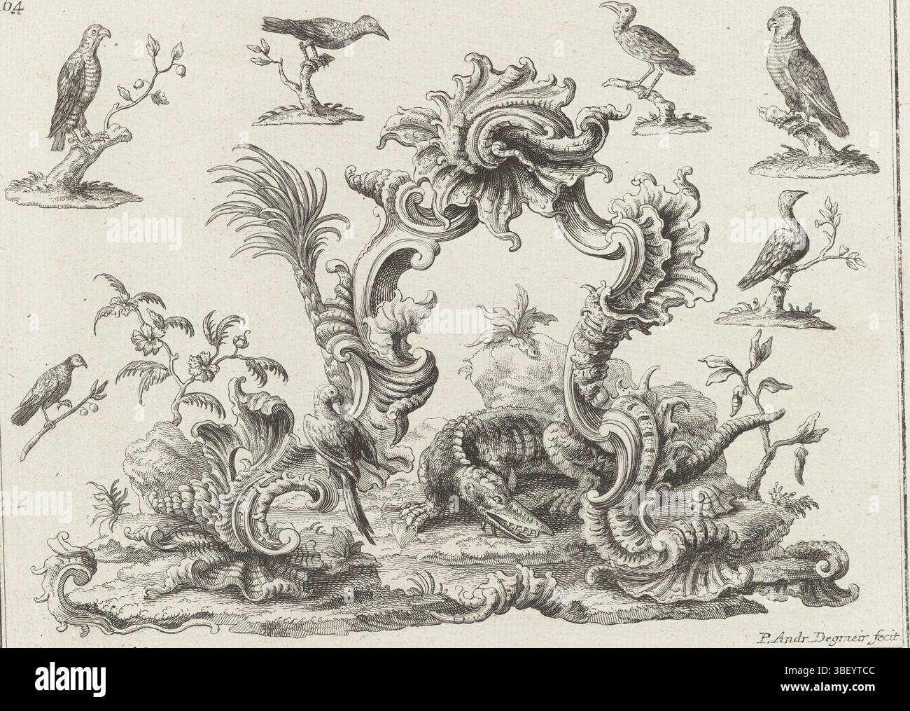 Inconnu, Augsbourg, Engelbrecht, Martin, Baur, Johann, Degmair, Philipp Andreas, les quatre continents, l'Amérique, inconnu, verso - estampillé, sous un arc de rocailles un crocodile, peut-être un caïman. L'arche est entourée d'oiseaux et d'un palmier. En haut à gauche 164 numérotés., impression, impressions ornementales, impressions, hauteur 185 mm, largeur 239 mm, 1711 - 1771, imprimeur, 1719 - 1749, papier, gravure, allemand, 1701 - 1800, dessinateur intermédiaire, par dessin, publication (événement), publication, 1684-09-16 - 1756-01-18, éditeur, fournisseur de privilège Banque D'Images