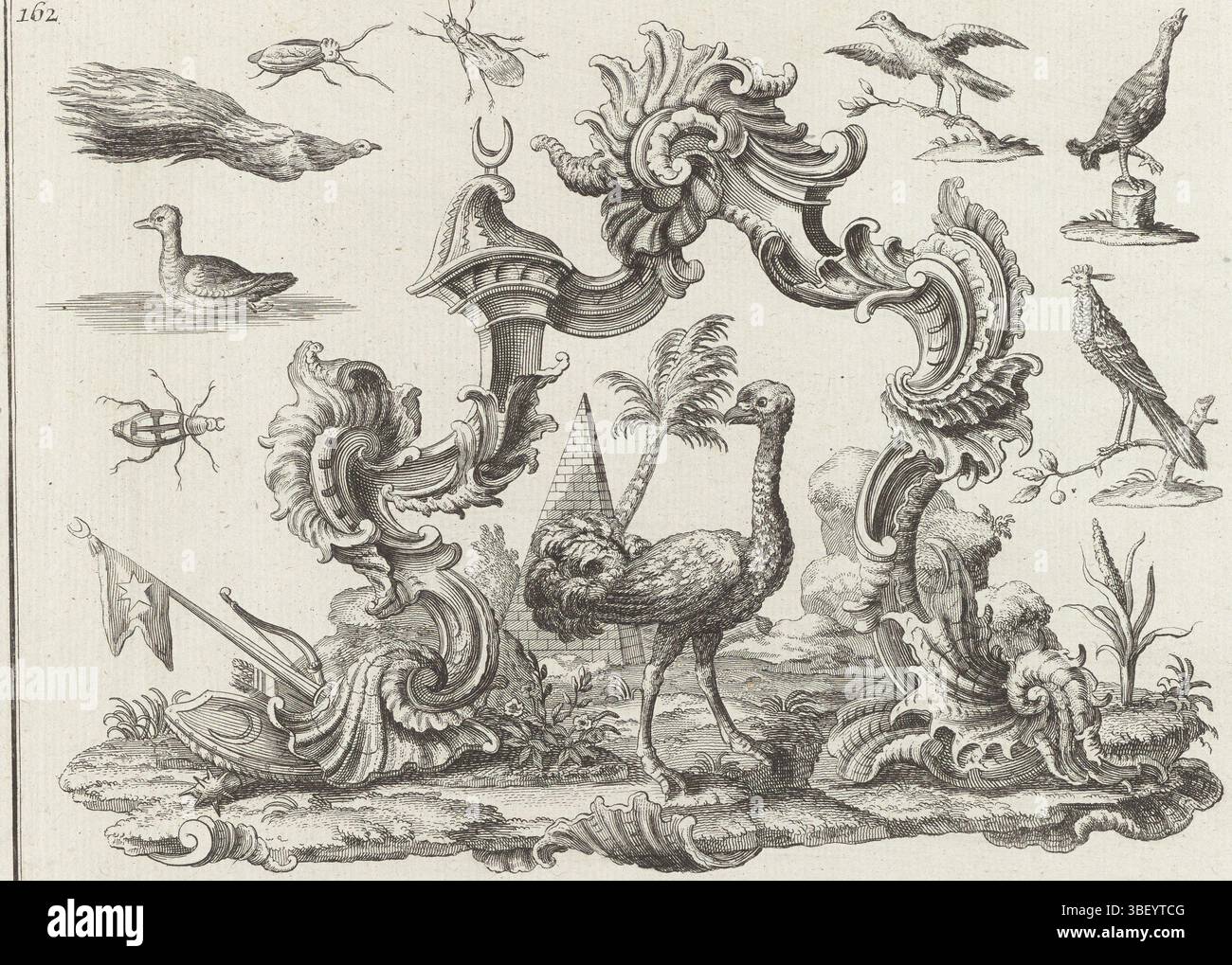 Inconnu, Augsbourg, Engelbrecht, Martin, Baur, Johann, Degmair, Philipp Andreas, les quatre continents, l'Afrique, inconnu, verso - estampillé, sous un arc de rocailles se dresse une autruche. Au loin un palmier et une pyramide. L'arche est entourée d'oiseaux, d'insectes, d'armes et d'une faucille. En haut à gauche 162 numérotés., impression, impressions ornementales, impressions, hauteur 185 mm, largeur 238 mm, 1711 - 1771, imprimeur, 1719 - 1749, papier, gravure, allemand, 1701 - 1800, dessinateur intermédiaire, par dessin, publication (événement), publication, 1684-09-16 - 1756-01-18, éditeur, fournisseur de privilège Banque D'Images