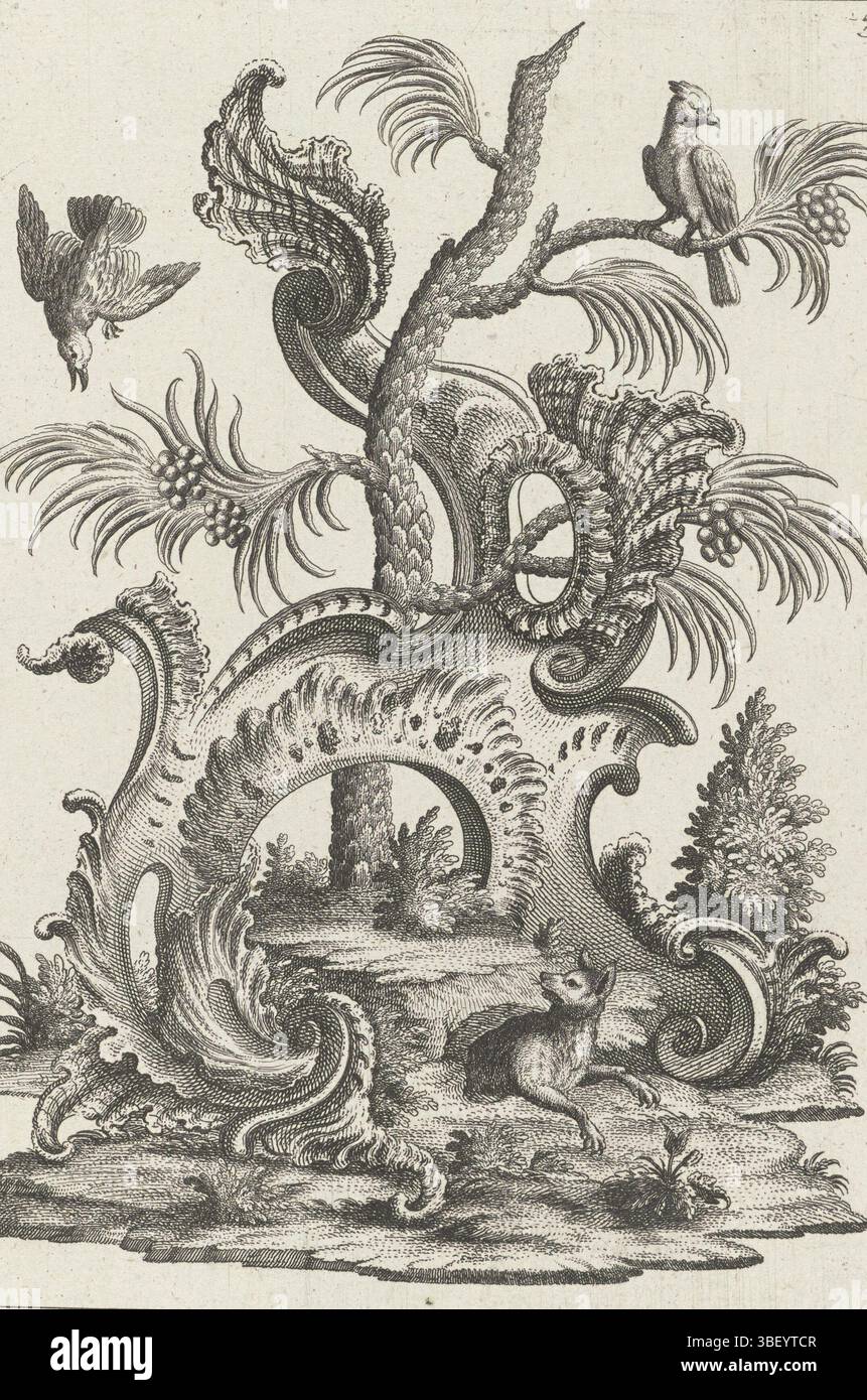 Inconnu, Augsbourg, Engelbrecht, Martin, Baur, Johann, Rocailles avec des animaux, paysage avec un renard et des oiseaux, inconnu, verso - estampillé, le renard sort de son antre. La rocaille est entrelacée avec un palmier. Dans et autour de l'arbre deux oiseaux. En haut à droite 327 numérotés., impression, impressions ornementales, impressions, hauteur 206 mm, largeur 155 mm, imprimeur, 1719 - 1749, papier, gravure, allemand, 1701 - 1800, dessinateur intermédiaire, par dessin, publication (événement), publication, 1684-09-16 - 1756-01-18, éditeur, fournisseur de privilège Banque D'Images