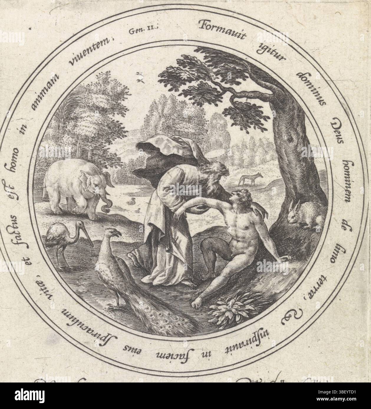 Galle, Philips, vos, Maerten de, Anvers, passe, Crispijn van de (I), histoire d'Adam et Eve, la création d'Adam, recto - manuscrit à l'encre brune, Dieu respire la vie d'Adam par son nez. Dans la bordure du cadre une citation biblique de Gen. en latin., impression, verso - estampillé, 1, hauteur 100 mm, largeur 94 mm, 1564 - 1637, imprimeur, 1580 - 1588, papier, gravure, gravure (procédé d'impression), conception d'œuvres, Zuid-Nederlands, 1532 - 1603-12-04, After design of, publication (événement), publication, 1537 - 1612-03-29, éditeur Banque D'Images