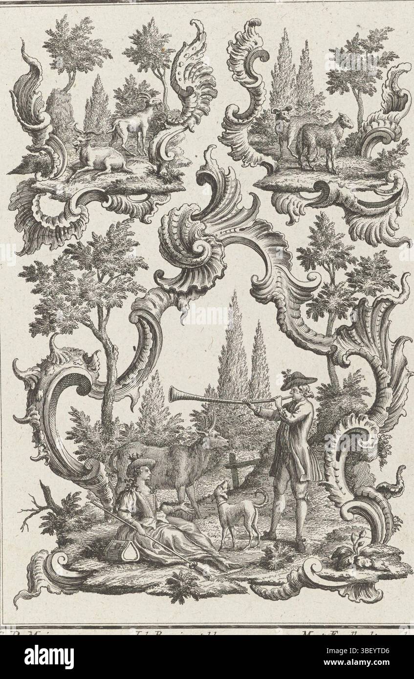 Inconnu, Augsbourg, Engelbrecht, Martin, Baur, Johann, scènes pastorales, Herderin et un berger avec cor de mi-hiver, inconnu, verso - estampillé, trois rocailles avec performances. Au fond d'un couple de berger avec une vache et un chien dans un paysage. Le berger souffle sur une corne du milieu de l'hiver. Au-dessus de deux rocailles avec du bétail ; gauche une chèvre et une chèvre, droite un bélier et une brebis., impression, impression d'ornement, impressions, impressions d'ornement, hauteur 240 mm, largeur 169 mm, imprimeur, 1719 - 1749, papier, gravure, allemand, 1701 - 1800, dessinateur intermédiaire, par dessin, publication (événement), publication, 1684-09-16 - 1756-0 Banque D'Images