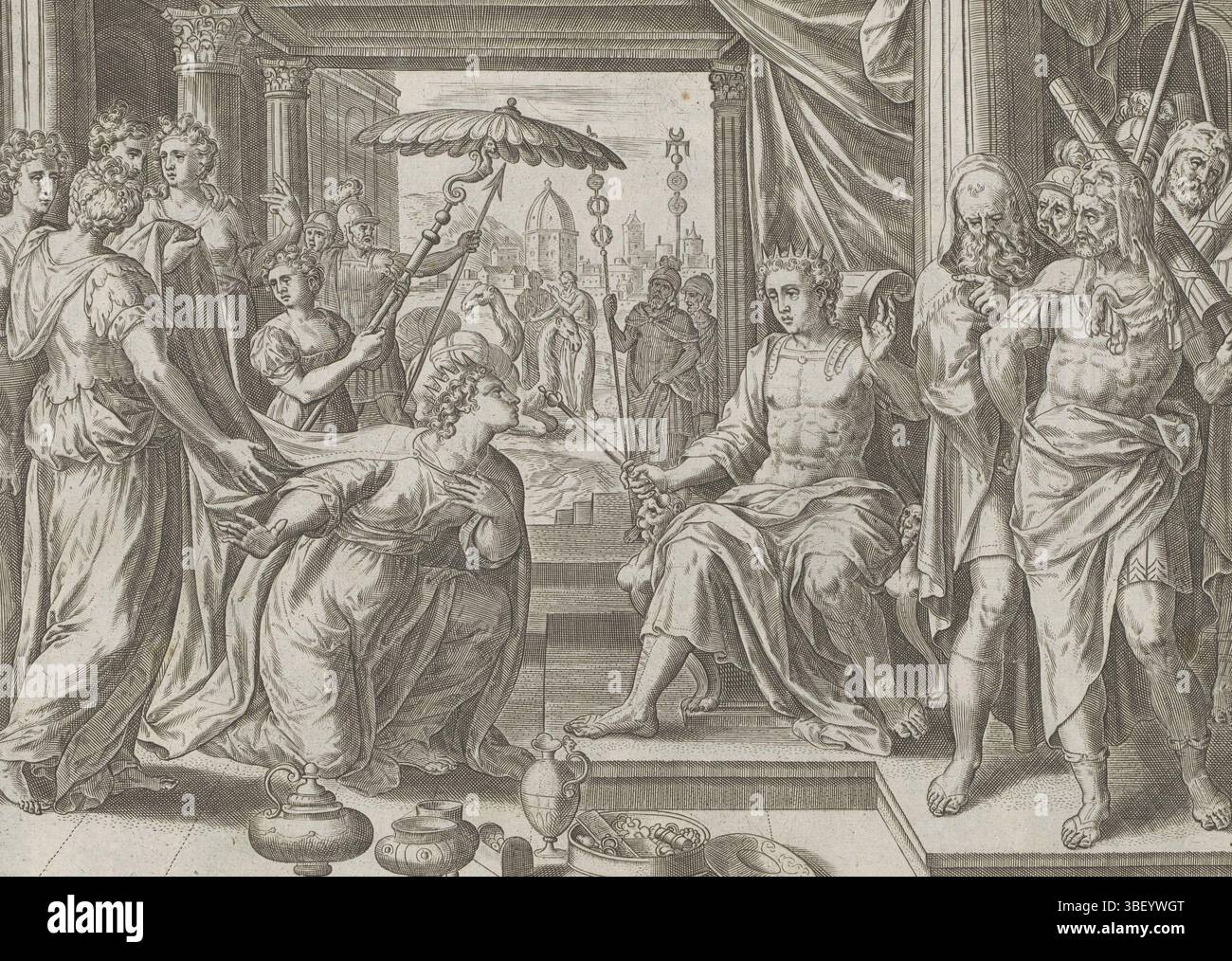 Alkmaar, Schabaelje, Jan Philipsz, Amsterdam, Visscher, Claes Jansz. (II), Snellinck, Jan (I), Collaert, Hans (I), den Grooten Figuer-Bibel, histoire de Salomon, Van den Coninck Salomon, Salomon reçoit la Reine de Seba, sous droite - manuscrite à l'encre brune, la Reine de Seba s'agenouille devant le trône de Salomon. Derrière elle se trouve sa conséquence. Au premier plan sont affichés les cadeaux. Sous la représentation une référence en latin au texte de la Bible en 1 Kon. 10. Cette impression fait partie d'un album., impression, feuille d'albumsheet, impressions, 171, hauteur 188 mm, largeur 243 mm, Hollande du Sud (avant 1775), 1540 - 1581, printm Banque D'Images